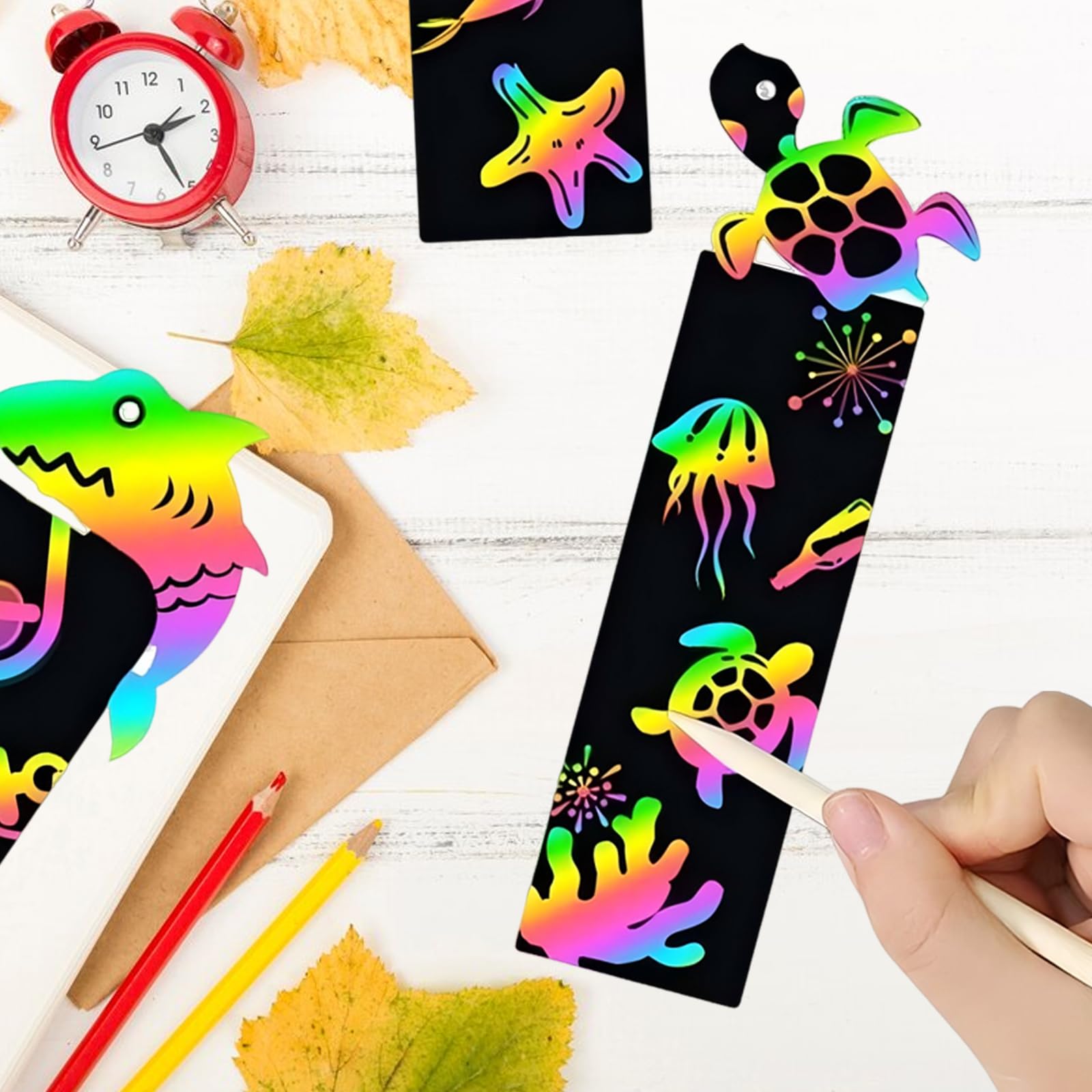 36Pcs/40Pcs Scratch Art for Kids Party Bag Fillers for Kids Scratch Art Party Bag Fillers Rainbow Bookmarks for Children Animal Craft DIY Scratch Art with Wooden Stylus and Ribbons for Girls Boys (A) - Image 3