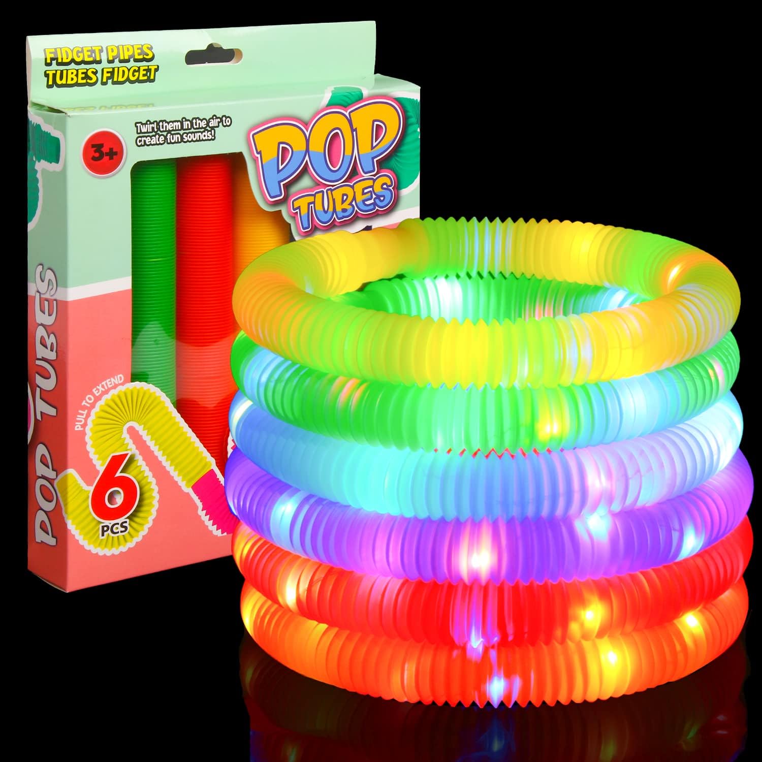 SULOLI 6PCS Flashing Pop Tubes Sensory Fidget Toys For Children or Adults, Autism and Special Needs. Reduce Anxiety and Stress