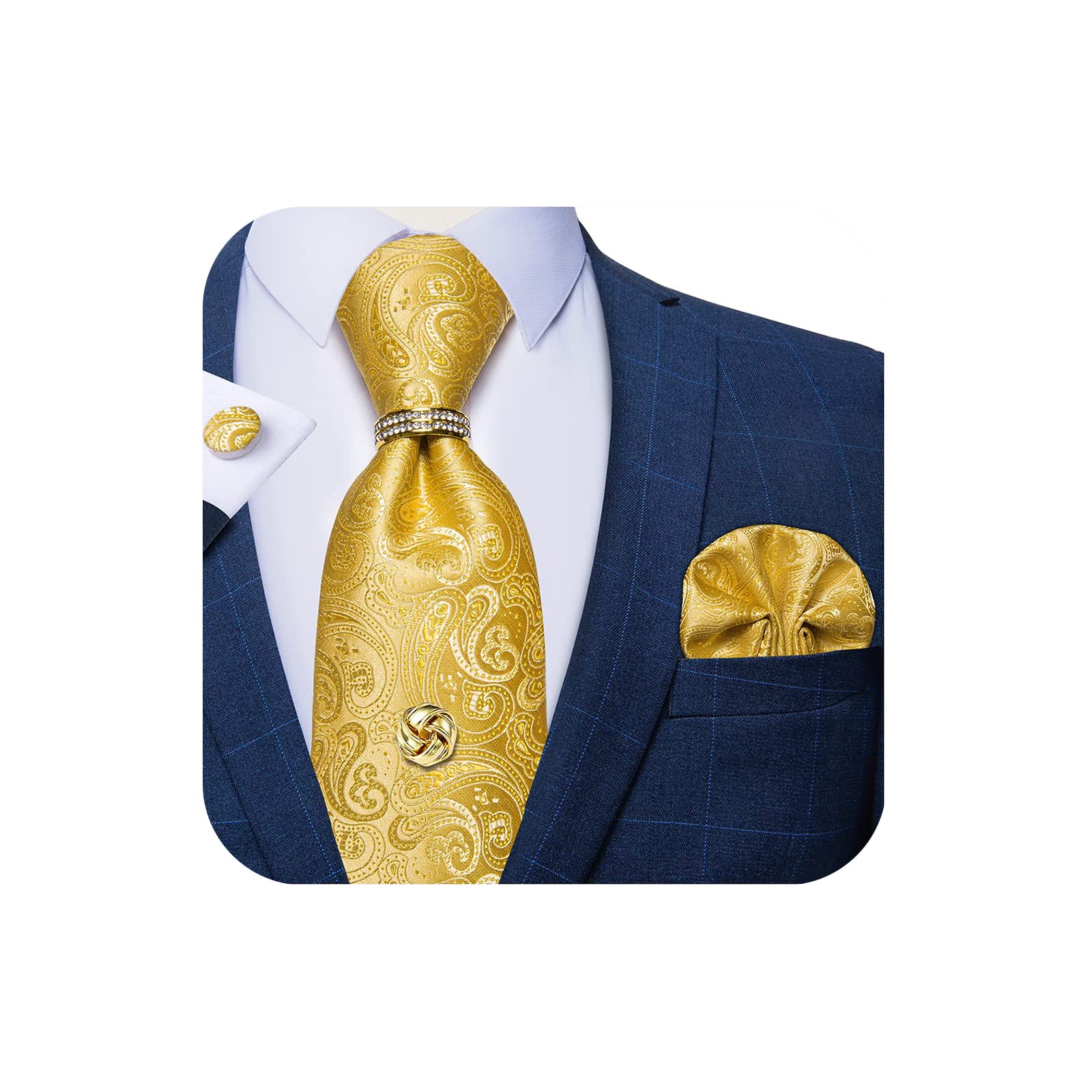 DiBanGu Tie Set for Men Solid Color Necktie, Gold Tie Tack, Gold Tie Ring, Pocket Square, Cufflinks Formal Mens Silk Tie