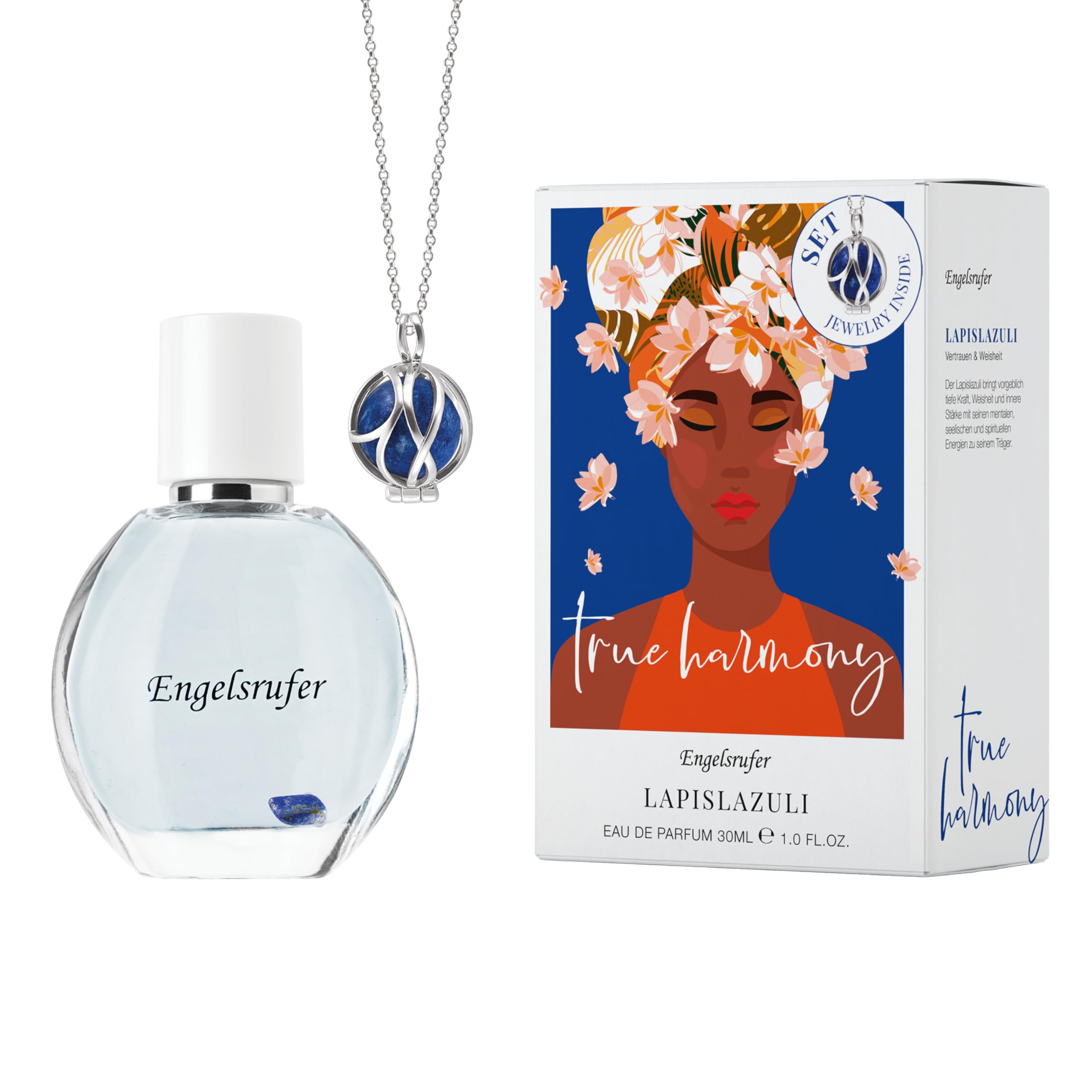 Engelsrufer Powerful Stone Duftset Damen – Eau de Parfum 30ml True Harmony & Paradise Halskette mit echtem Lapislazuli aus Edelstahl IP Rhodium – Geschenk Frauen