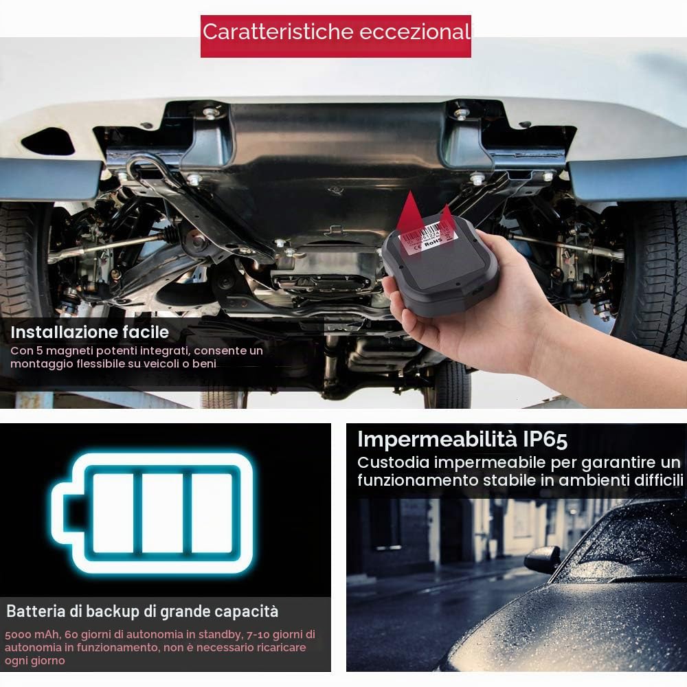 Localizzatore 4G GPS per Auto, Tracciatore di Posizione in Tempo Reale Con Sistema di Allarme/Geo-Fence, App Gratuita e Potente Magnete - Batteria da 5000mAh