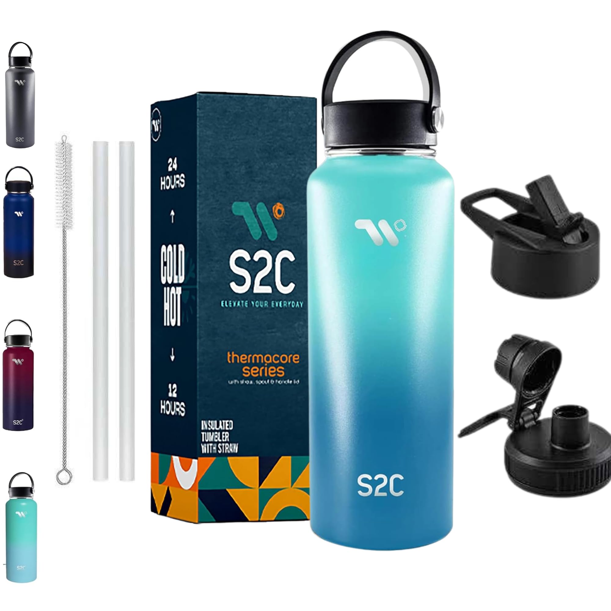 S2C 1200ML Insulated Water Bottle with 3 Lids, Double Wall,Leak Proof, Stainless Steel Bottle With Straw For Gym, Water Bottle Thermos Flask for Hot Water Bottle (SKY)