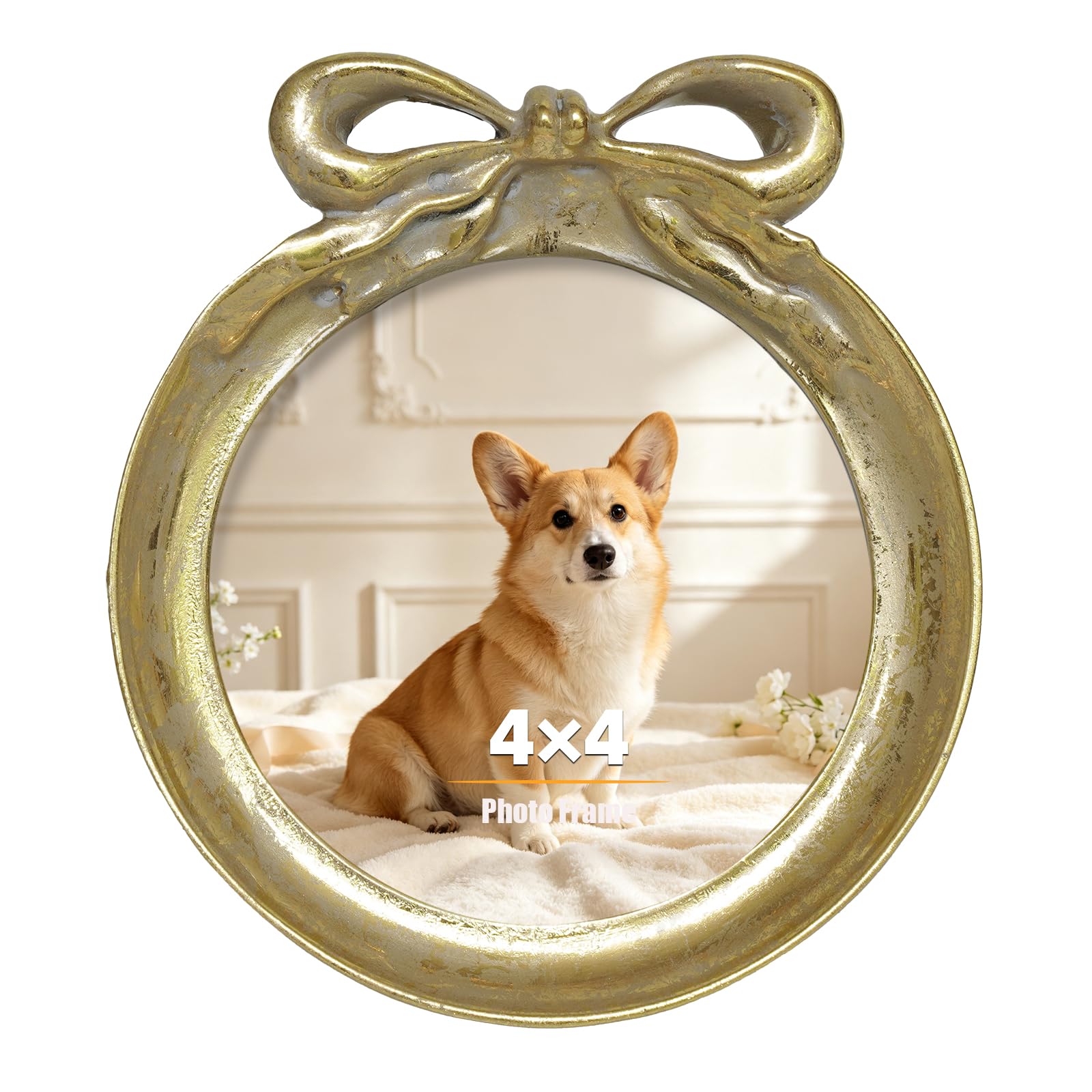 LIMOR 4x4 Gold Round Bow Vintage Tabletop Picture Frame, Ideal for Gifting