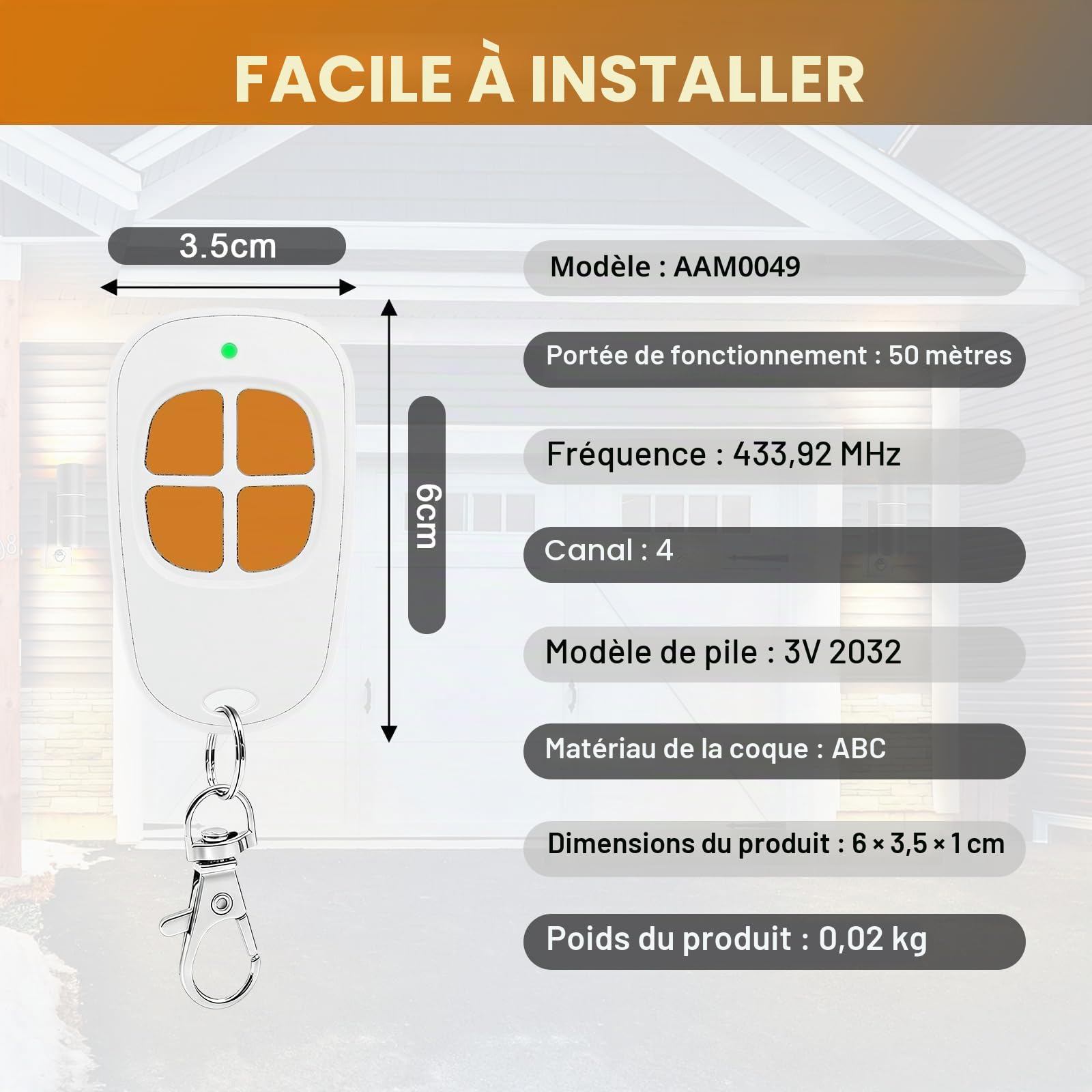 Lot de 3 AAM0094 Télécommande Portail Garage 4 Canaux, 433.92MHz Compatible SCS Motorisation Portail et Porte de Garage(orange)