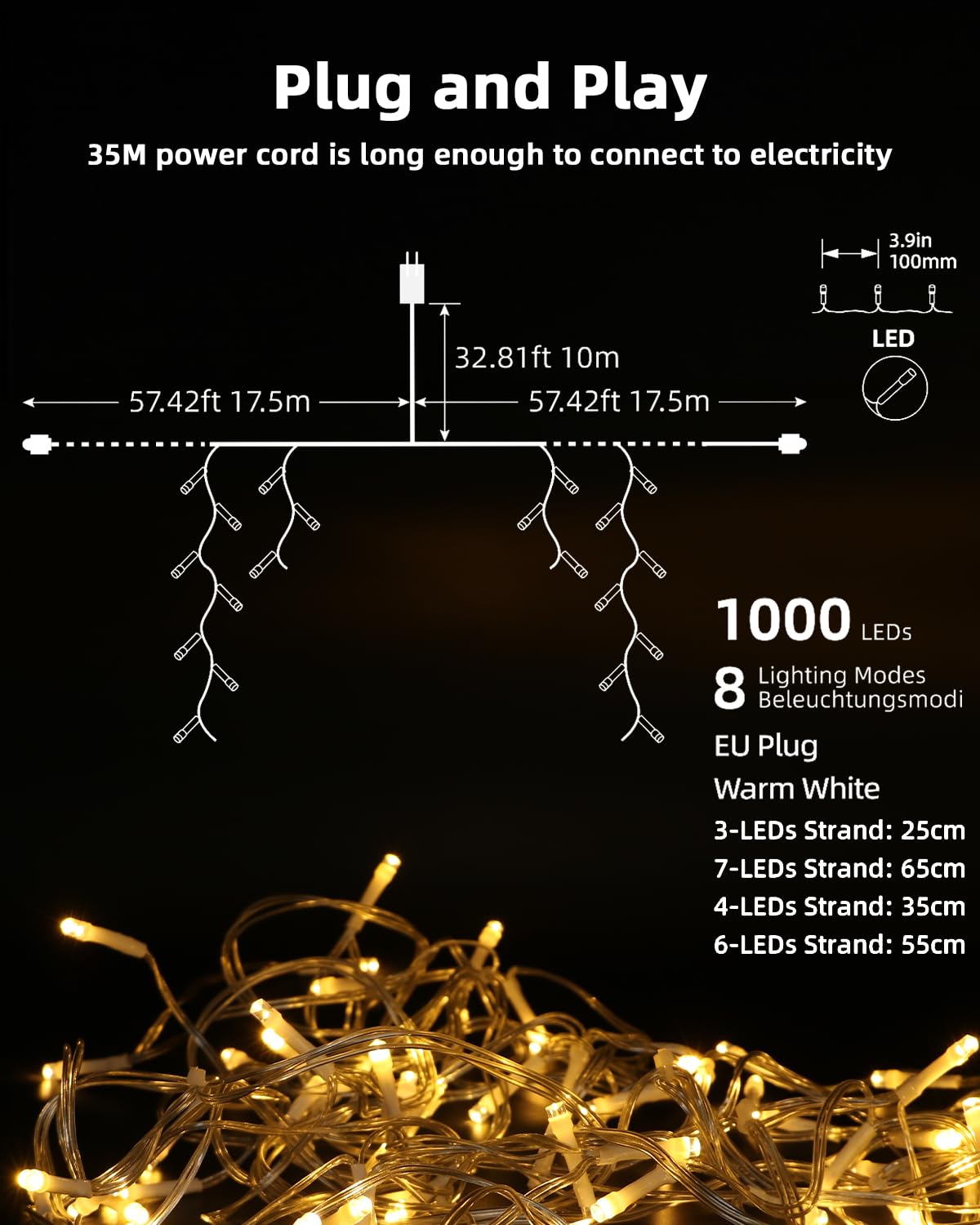 LEDYA Luci Natale Esterno, 30M 1000led Luci di Natale da Esterno Bianco Caldo, Impermeabile/8 Modalità/Timer Tenda Luminosa Cascata, Decorazione Atmosfera Finestra Giardino Balcone