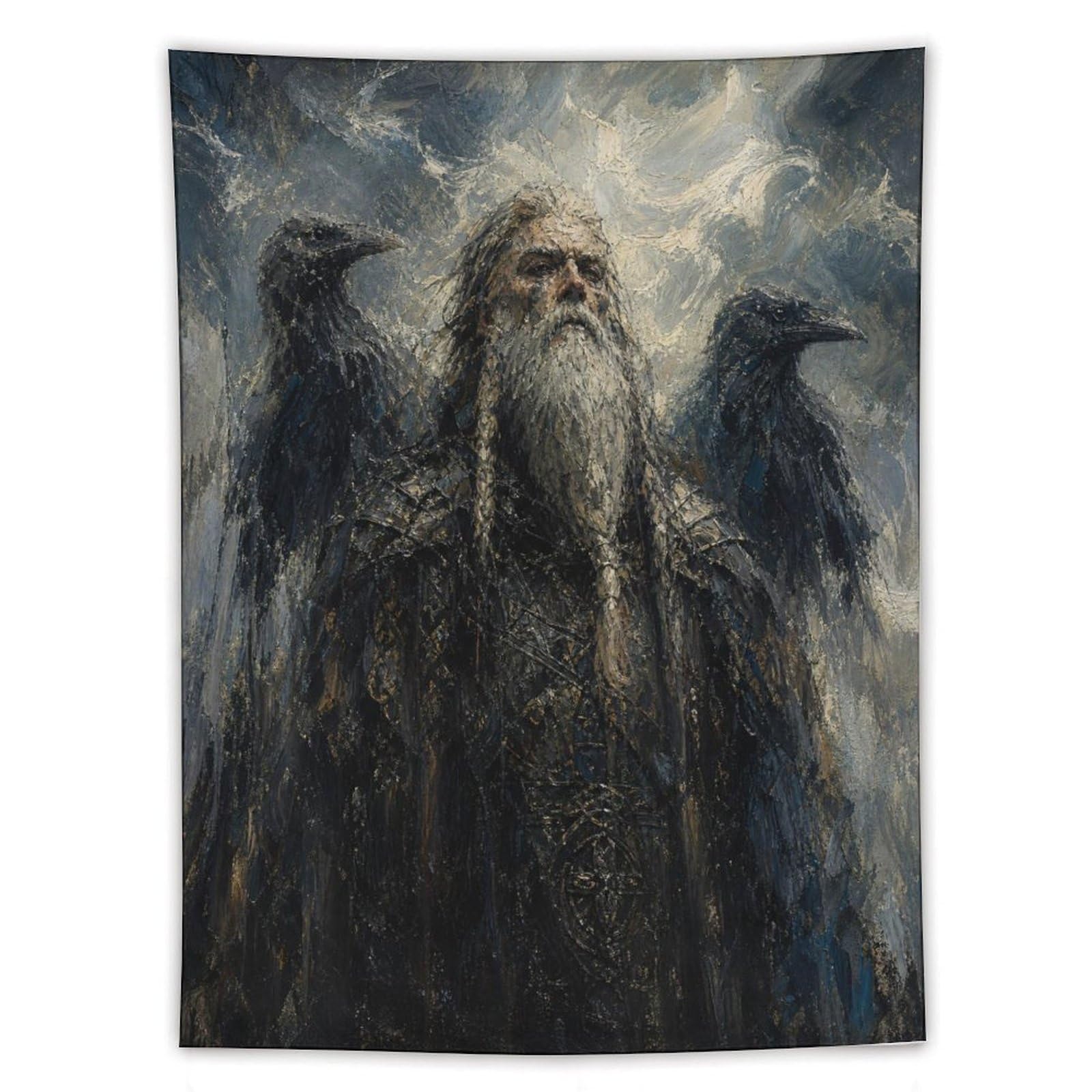 W7C8U2X3 Odin in Storm Wall Tapestry, Realistic Illustration, Dark Norse