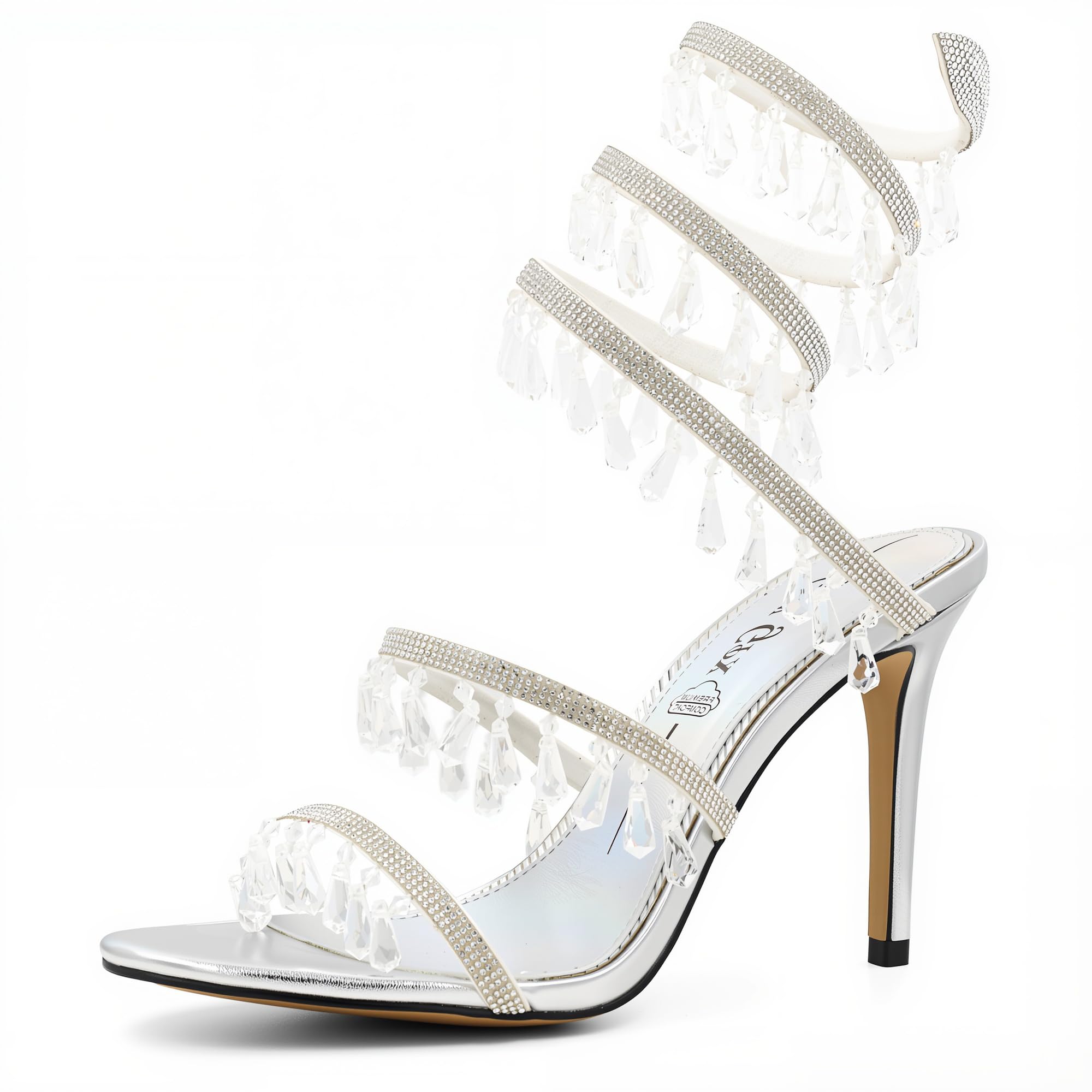 Photo 1 of GPXGPX Rhinestone High Heels for Women Ankle Wrap Stiletto Strappy Sandals Fringes Crystal Pendants Party Wedding Bridal Evening Heeled Sandals Silver Heels Dressy 9