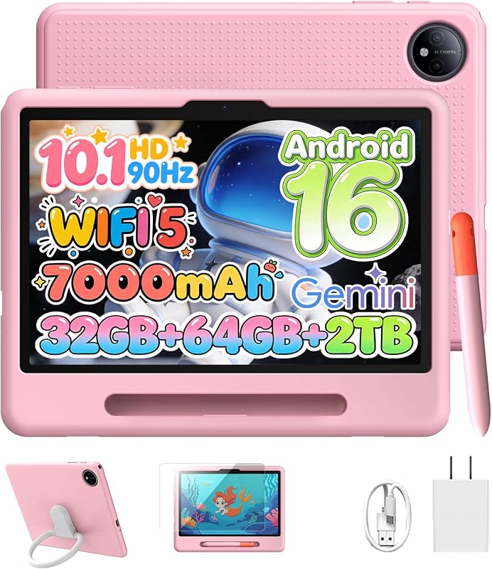 2026 Upgraded Tablet, P10K 10 inch with 32GB RAM 64GB ROM, Gemini AI, 7000mAh, T310 CPU, 90Hz, 5G WiFi, Android 16 Tablet with Stylus Pen, Silicone Case-Pink