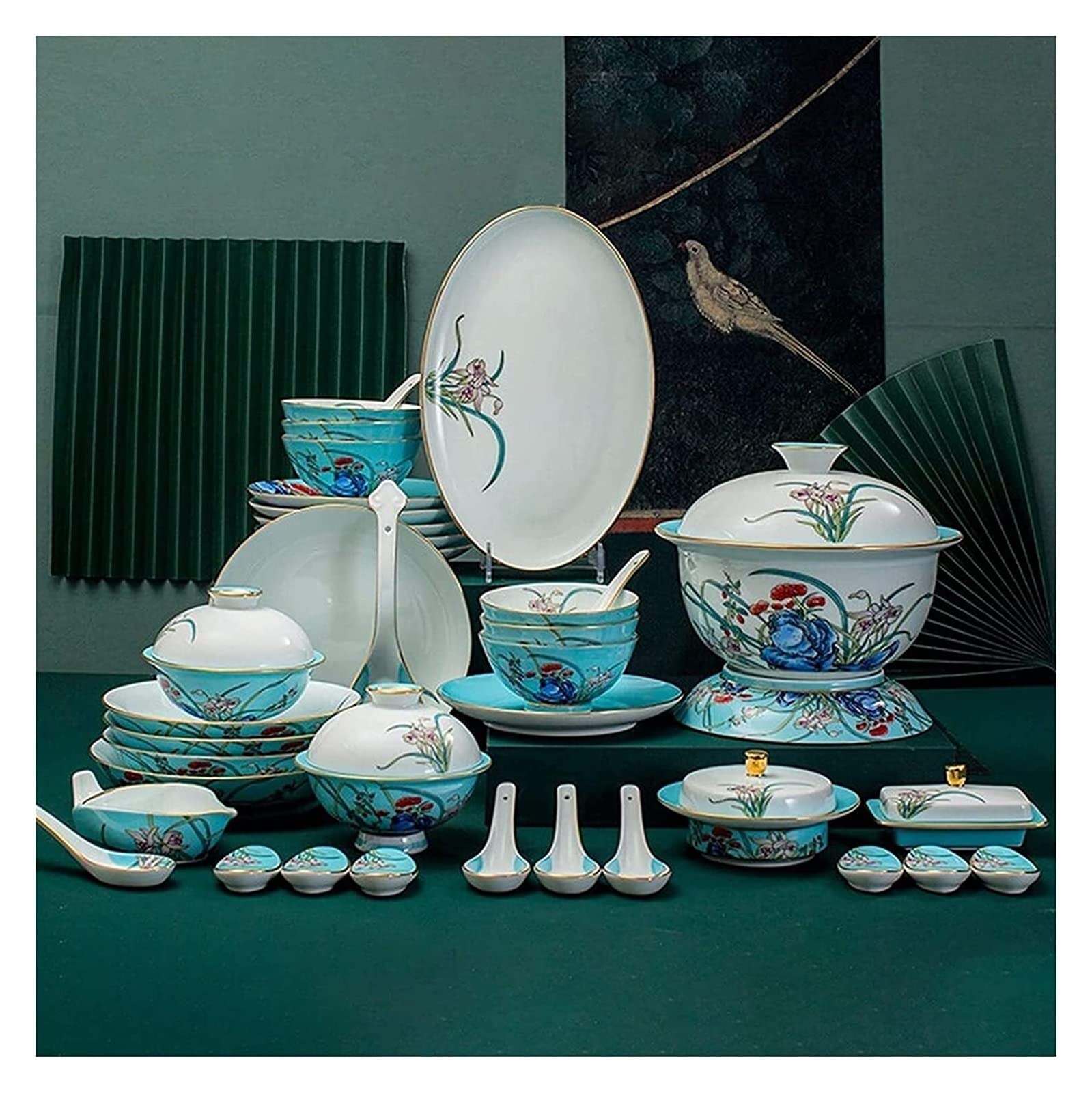 38-częściowy zestaw zastawy stołowej, luksusowy, rodzinny zestaw zastawy stołowej, wytłaczany, ręcznie wykonany zestaw naczyń z porcelany kostnej w kolorze złotym, talerze do steków i miska na