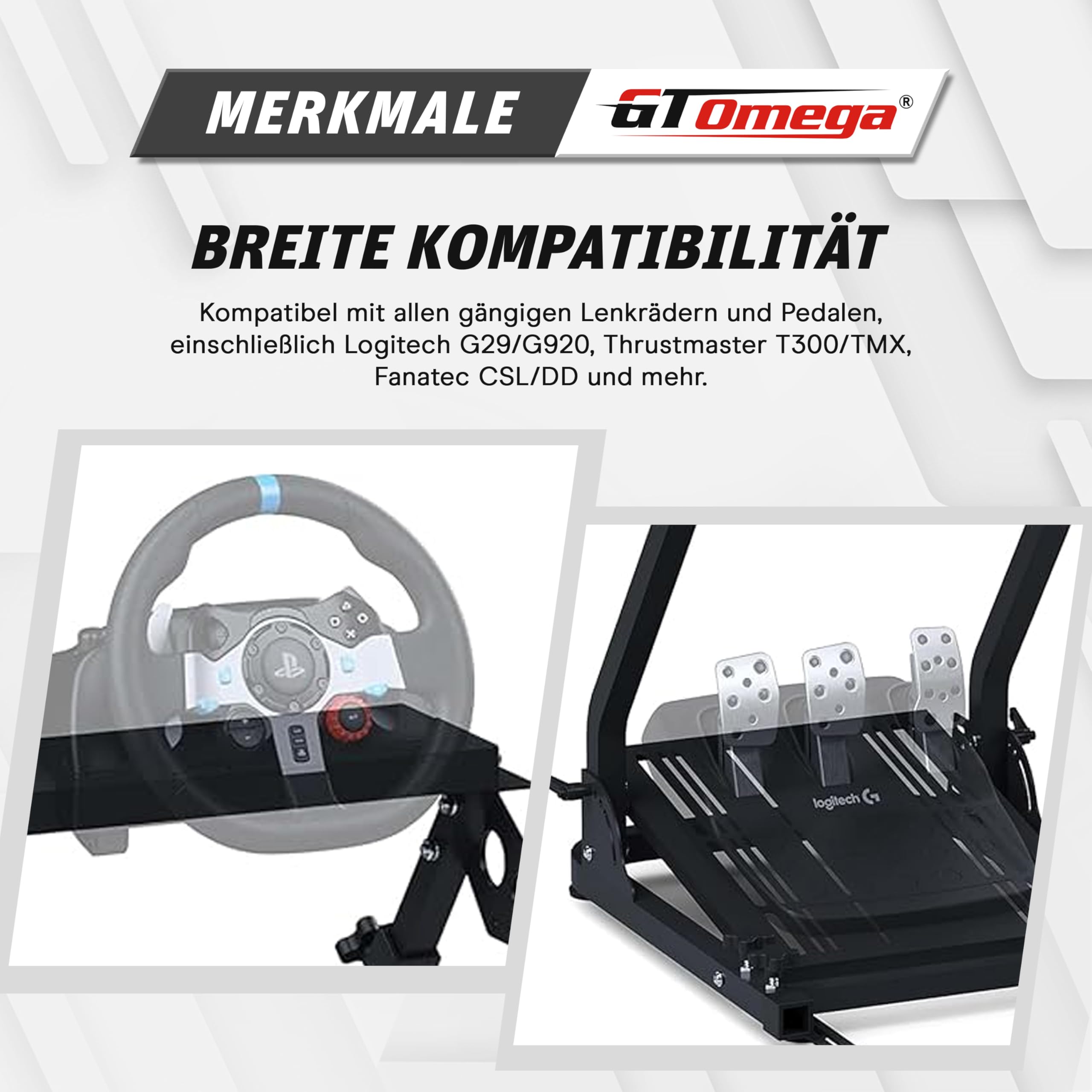 GT OMEGA Lenkradständer für Logitech G29 G923 G920 Thrustmaster T500 RS Force Feedback Gaming Lenkrad & TH8A Schalthebelhalterung V1 - Fanatec Clubsport PS4 Xbox PC - Neigungsverstellbares Gestell