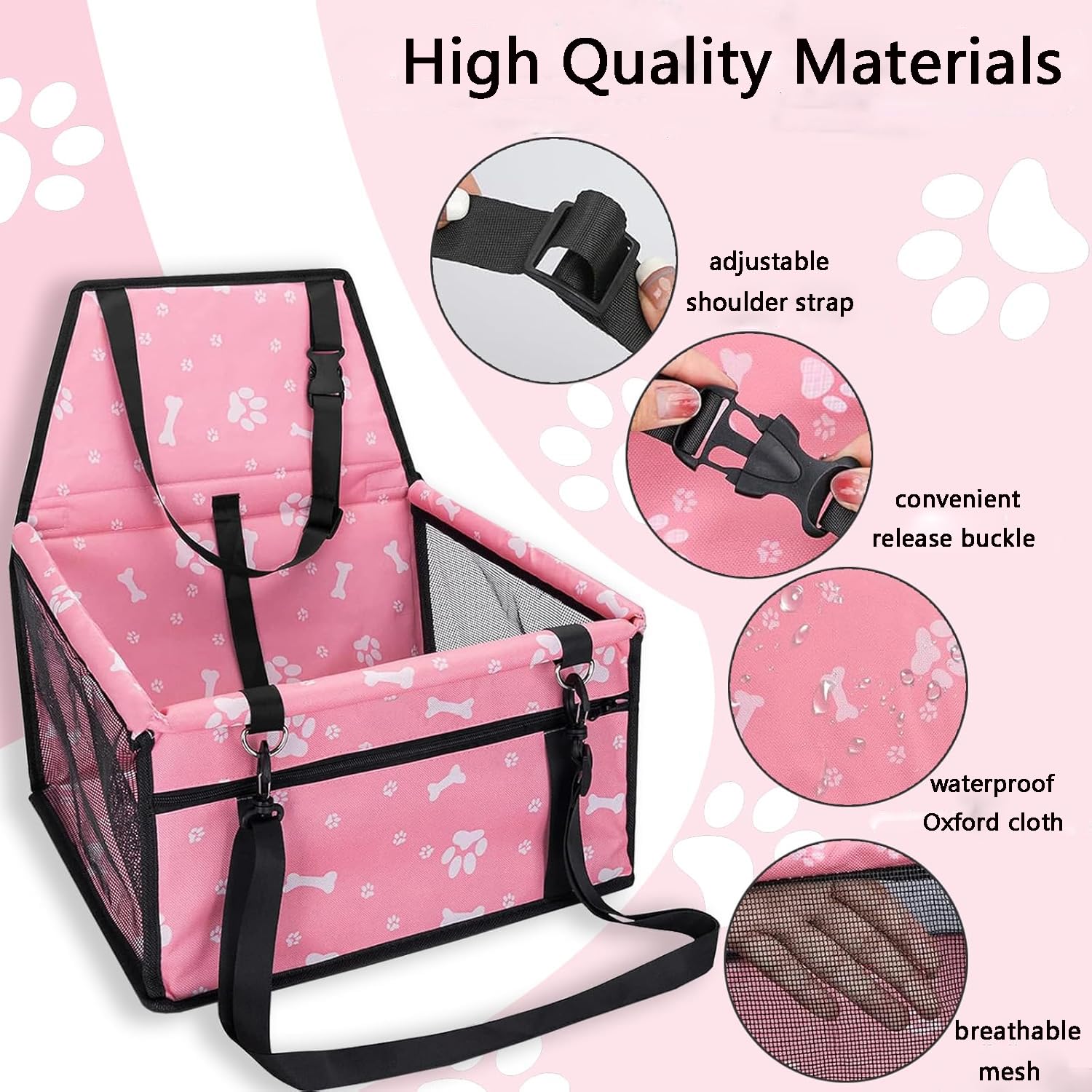 MEISO Siège Auto pour Chiens, Sac de Transport Chien et Chat avec Ceinture de Sécurité, Auto Chien avec Tige de Support de Nivellement, Pliable, pour Chiens adapté aux Animaux de Petite Moyenne (Rose)