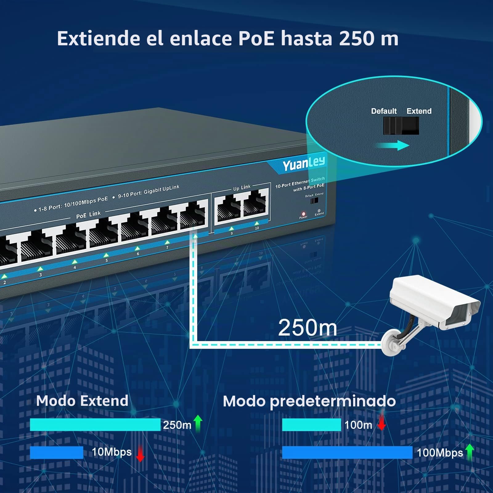 YuanLey 10 Port PoE Switch, 8 PoE+ Port 100Mbps, 2 Uplink Gigabit, 120W 802.3af/at, Función de Extensión, Sin Ventilador, Metal, Plug & Play
