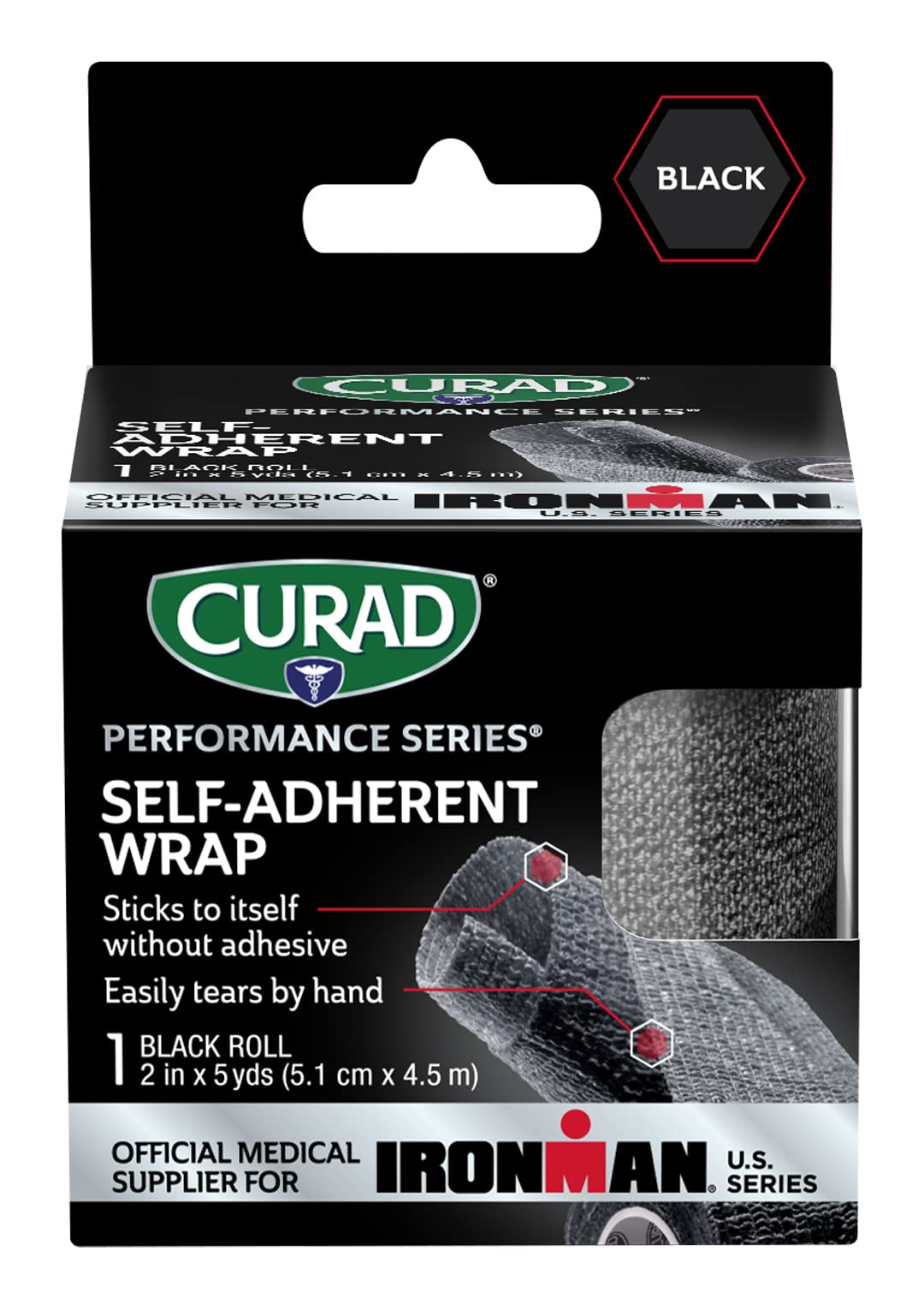 CURAD IRONMAN Self-Adherent Athletic Wrap, Official IRONMAN Medical Supplier, Black, 2 inches x 5 yards, Compression Support for Sports Injuries, Joint Stability, and Muscle Recovery
