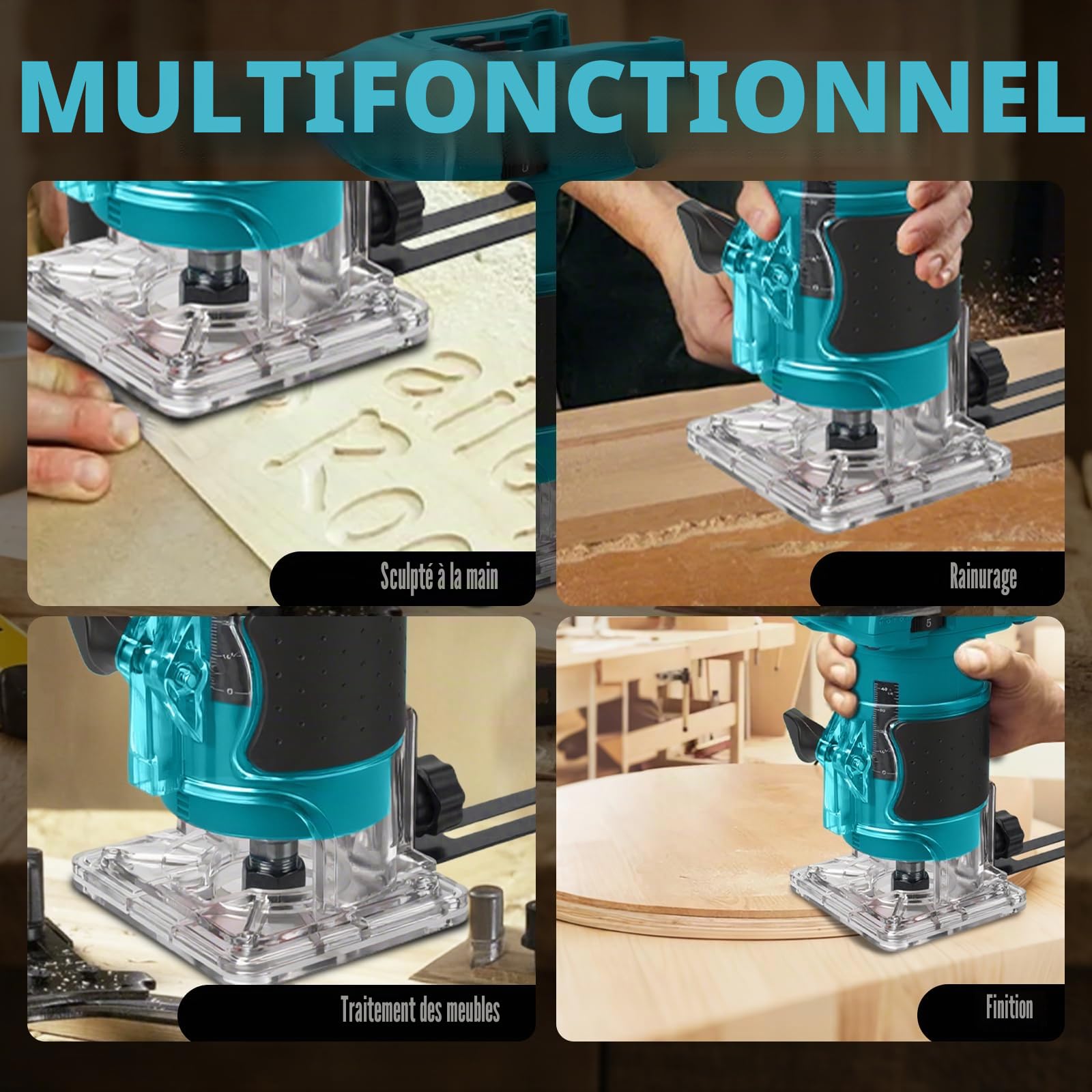 Défonceuse sans fil avec 5 vitesses pour Makita 18V (sans batterie) | Tondeuse à bois, 800W, sans balais, 10000-30000 tr/min, guide droit, 15 forets, fraiseuse manuelle
