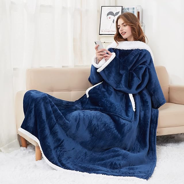 BESSIO Wearable Blanket with Sleeves, Oversized Soft Snuggle Blankets for Adults Women Men, Winter Sherpa Fleece TV Blanket for Bed Sofas, Gifts for Women, 140cm x 180cm (Navy Blue)