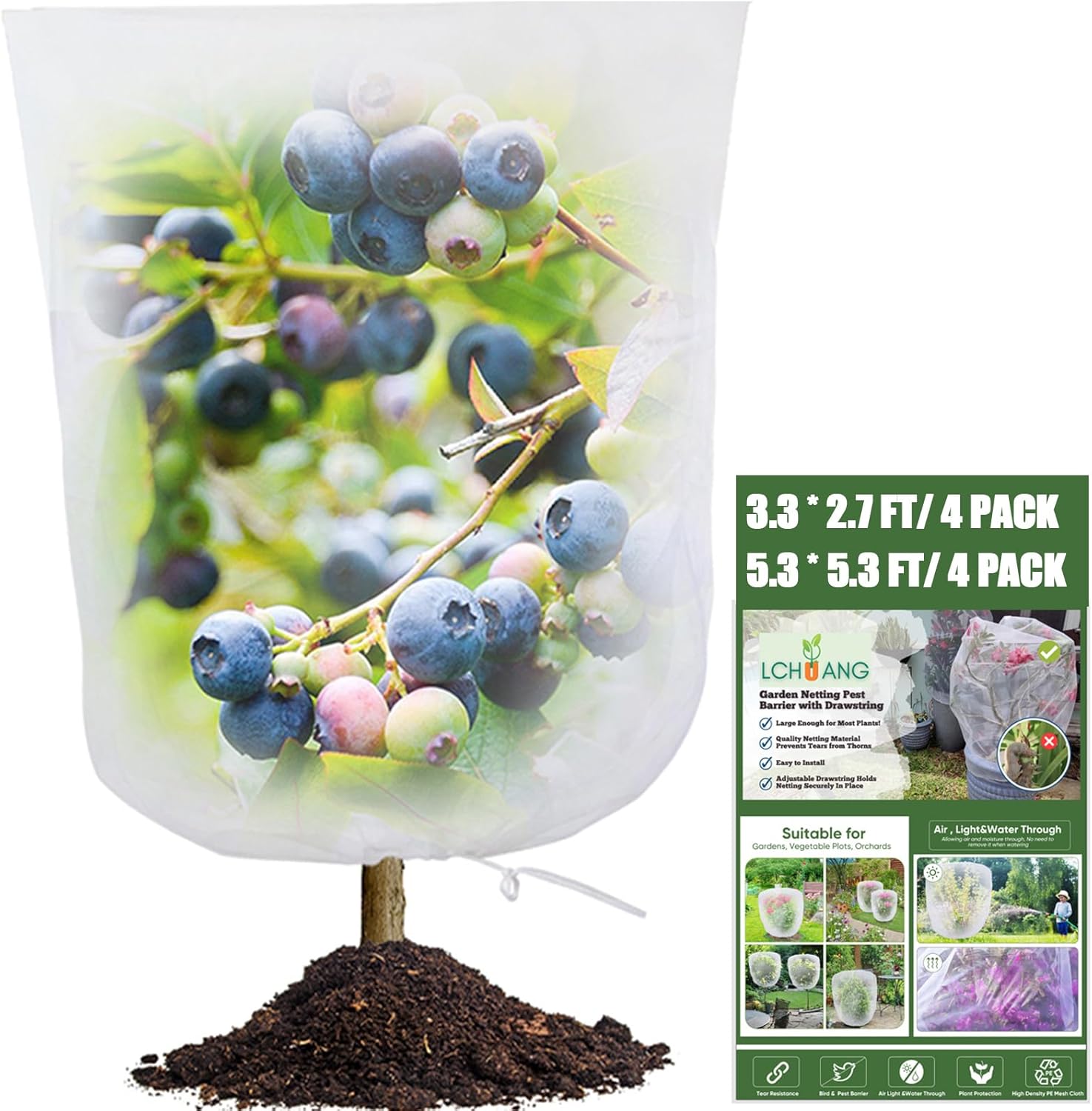 Fruit Tree Netting for Cicadas - 5.3Ft x 5.3Ft/4Pack+3.3Ftx2.7Ft/4PACK Garden Netting Pest Barrier with Drawstring,Tomato Protective Cover Garden Plant Netting for Cicada Vegetables Blueberry Bushes