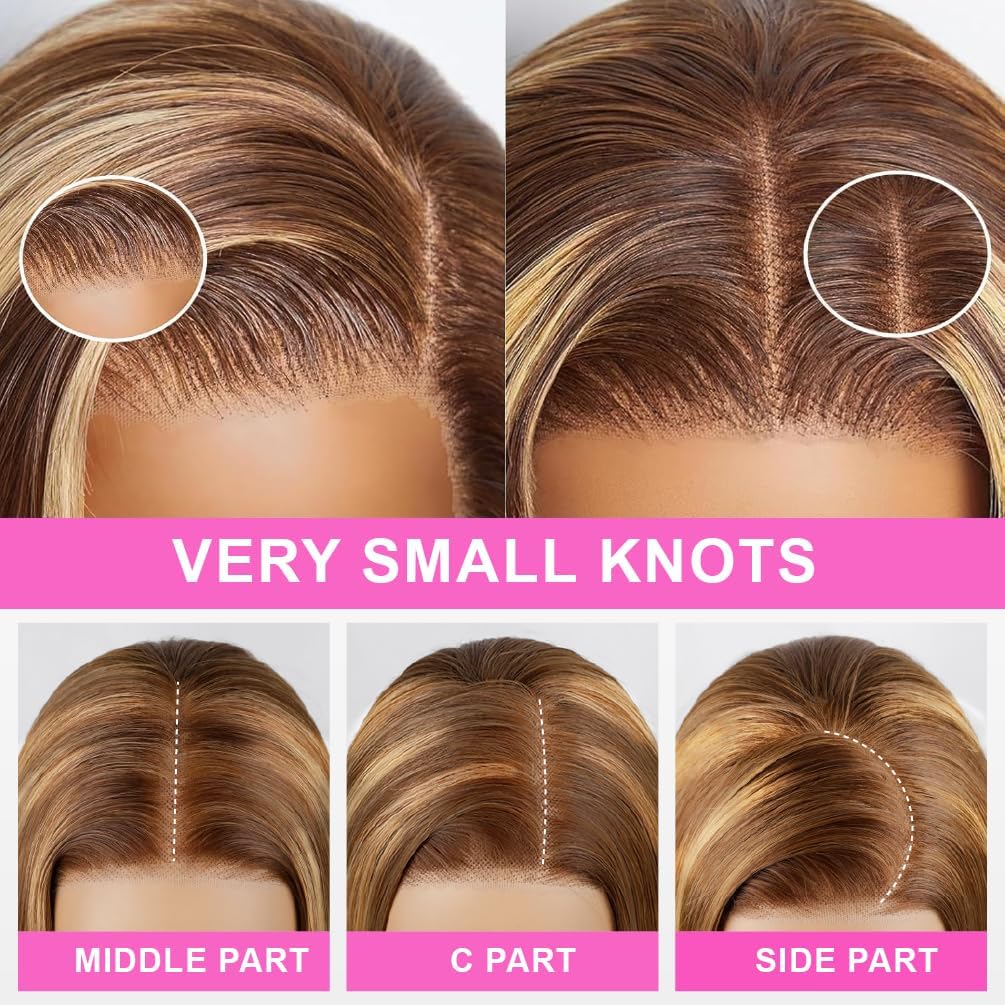 Ombre Lace Front Wig Human Hair 30 Inch Highlight Glueless Wigs Pre Plucked Pre Cut 7x5 Lace Blonde Highlight Wig Human Hair Glueless Wear and Go 200% Density 4/27 Ombre Wig For Women