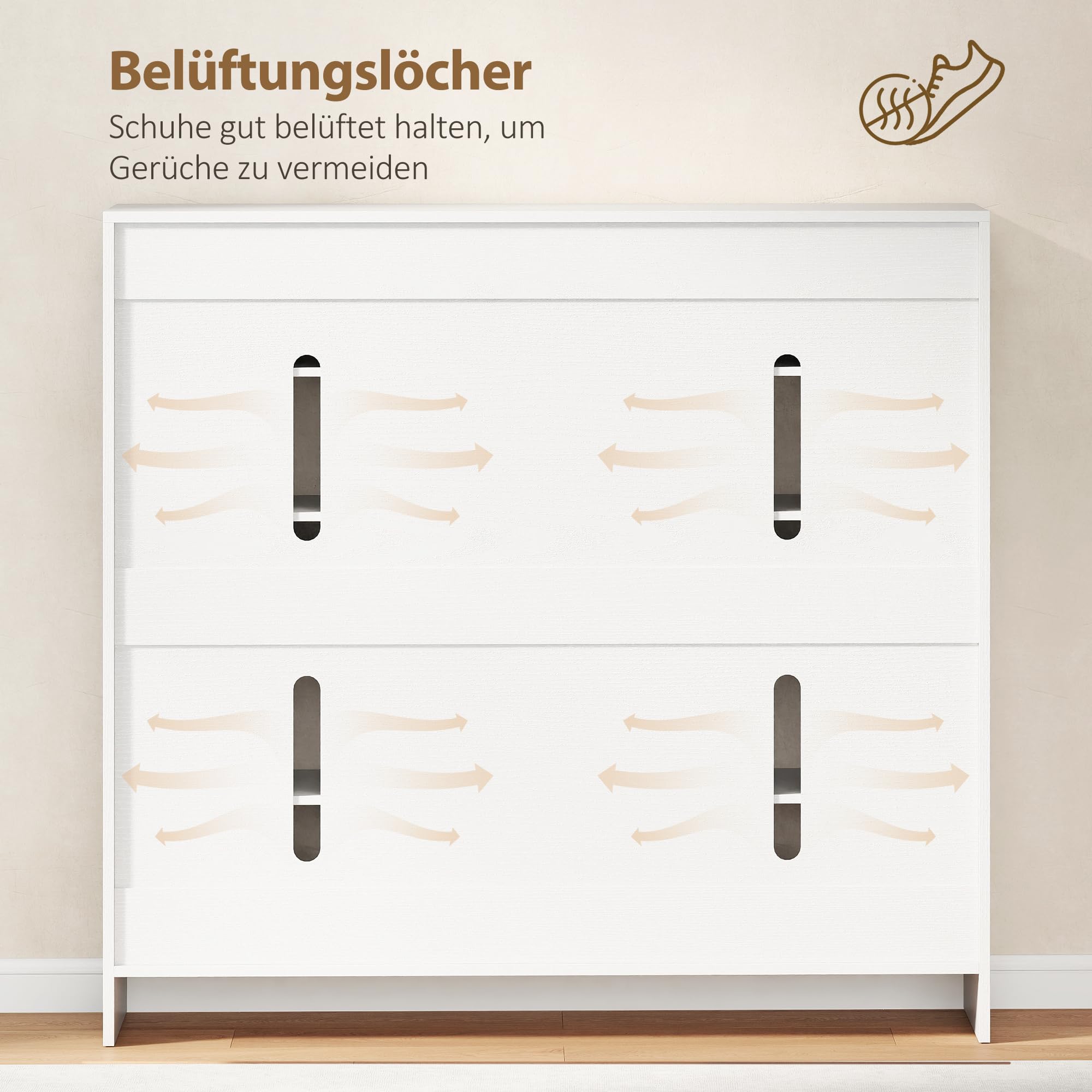HOMCOM Schuhschrank Verstellbare Ablagen Hochglanztüren 106,4x34x108,5cm | Schuhregal, Belüftungslöchern, Schuhaufbewahrung mit Soft-Close-Funktion, Schuhkommode, für 25–30 Paar Weiß