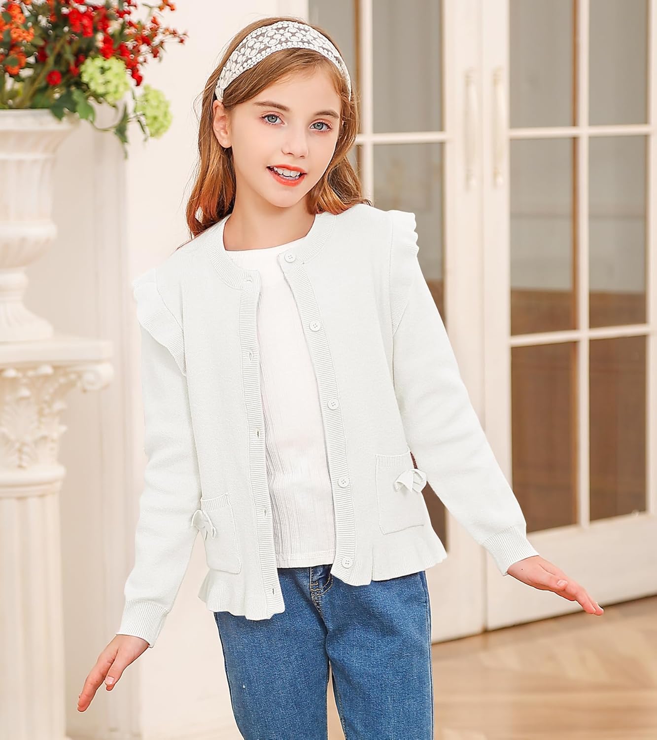 Girls Cardigan Sweater School Uniforms Button Crewneck Cute Ruffle Long Sleeve with Pockets Bowknot Knit Tops - Image 2