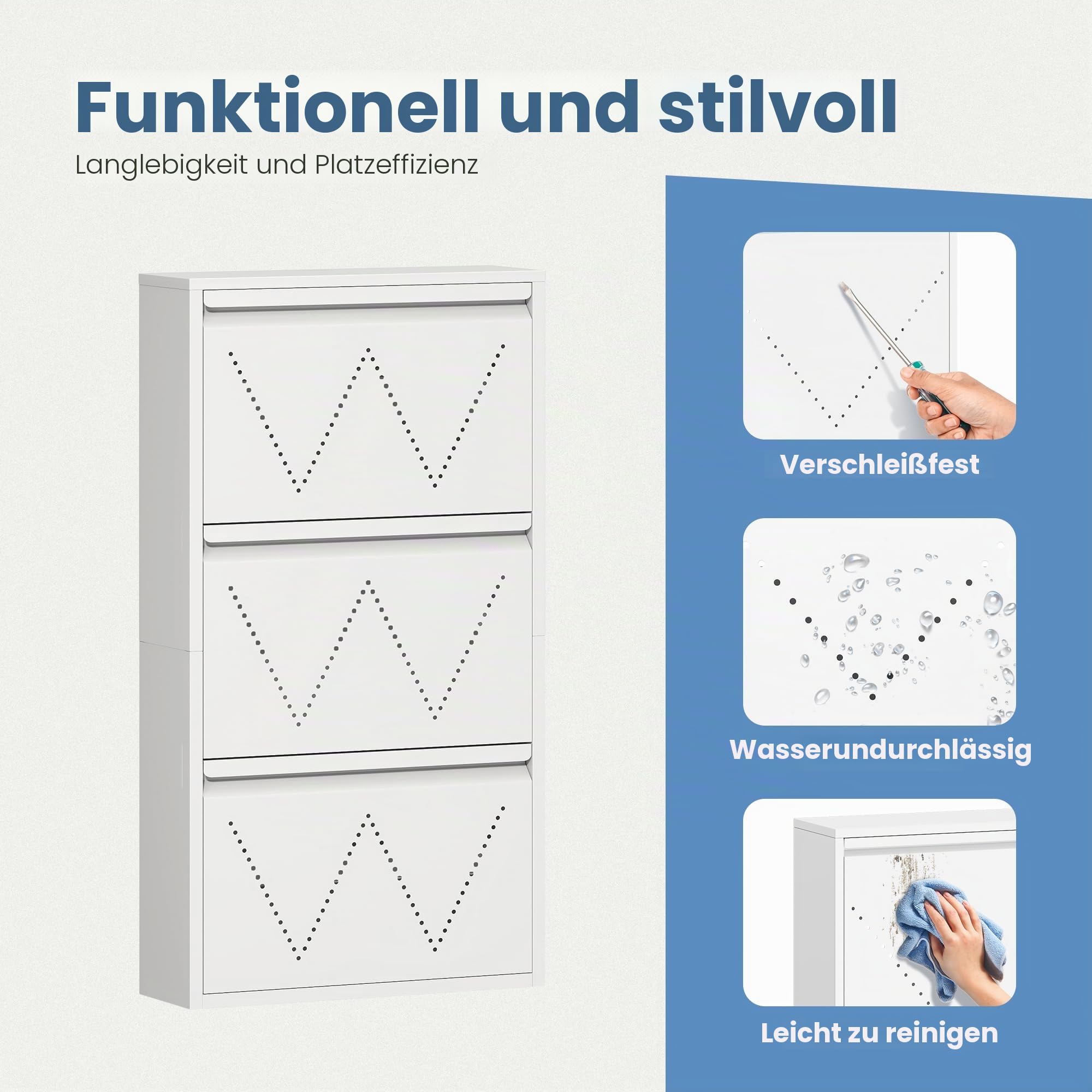 TAUS Schuhschrank Schmal Schuhregal Metall Schuhkipper mit Magnet Klappen Schuhablage Montiert und Wandmontage (Weiß, 3 Klappen) (2)