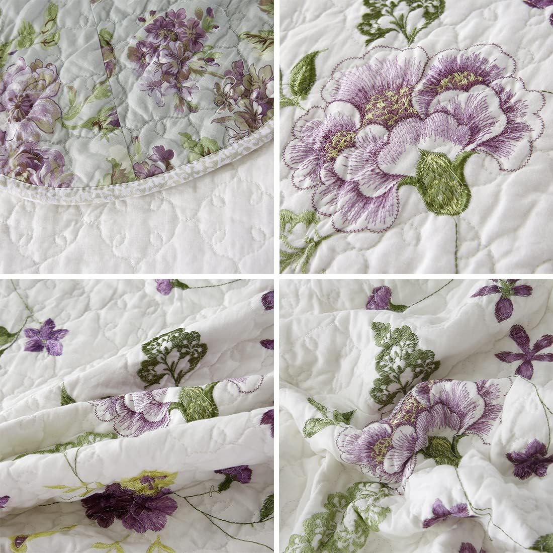 vctops 3-Piece Floral Embroidered Quilt Set Oversize Queen 100% Cotton Ultra Soft Elegant Reversible Bedspread Coverlet Set with 2 Pillow Shams (Floral,Oversize Queen)