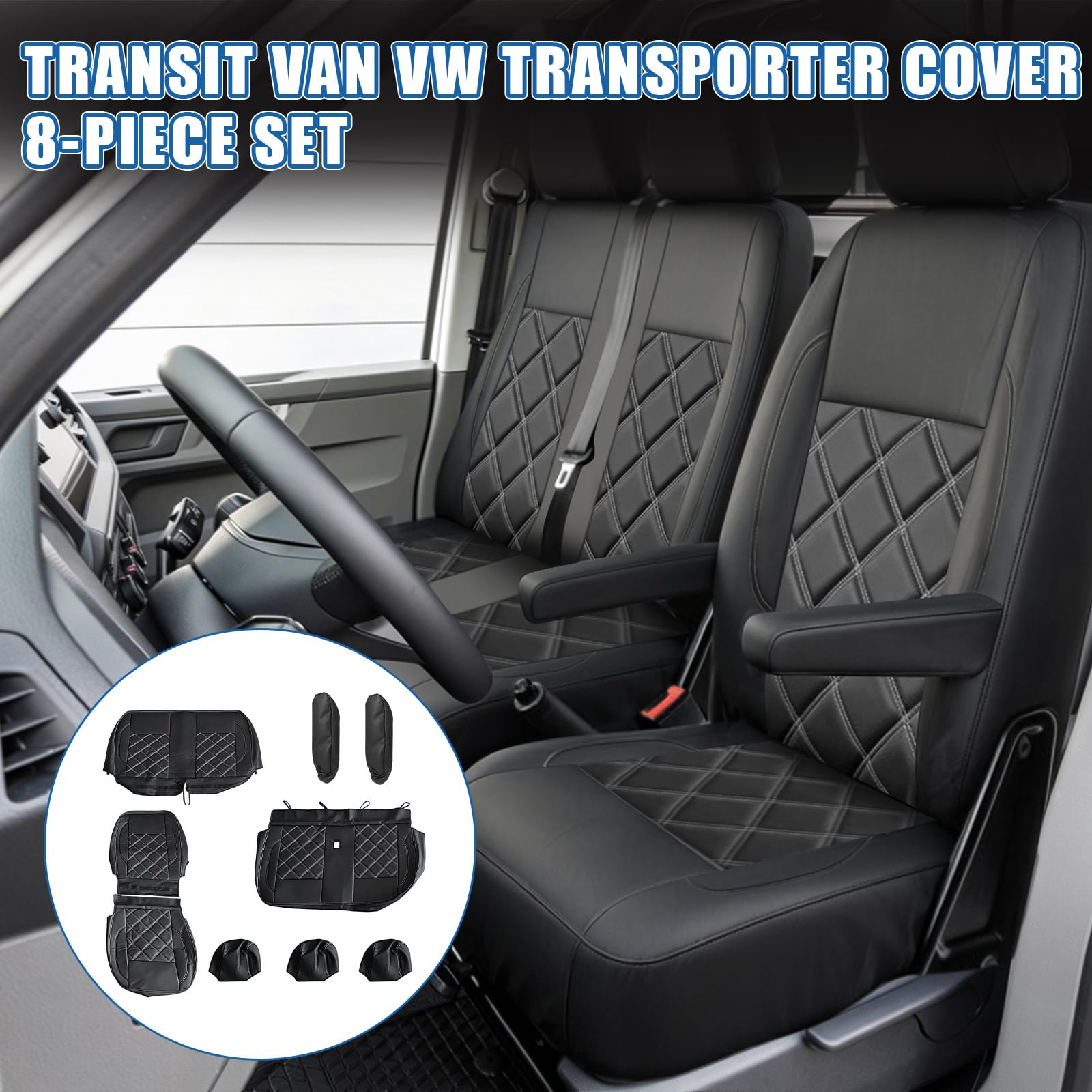 Housse de sièges avant 1+2 compatible avec Volkswagen Transporter T6 T6.1 | Couverture Siège 2+1, véhicule LHD conduite à gauche, Confortable, Respirant
