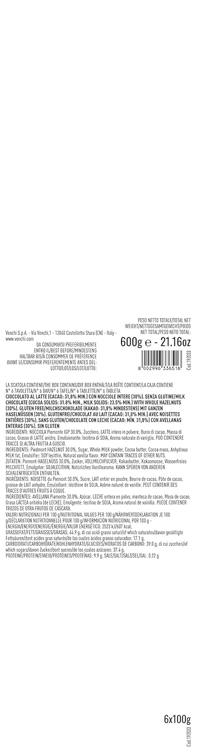 Venchi - Bundle of 6 Milk Chocolate and Hazelnut Bars, 21.16 oz - 3.52oz each bar - Gluten Free - Family Pack