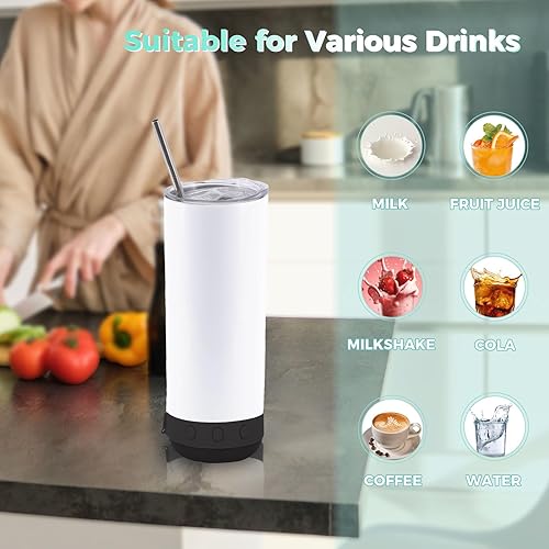 Miniatura 6 de Vaso Bluetooth de 20 onzas en blanco a granel con popote y tapa, vasos de aislamiento al vacío de acero inoxidable de doble pared, altavoz