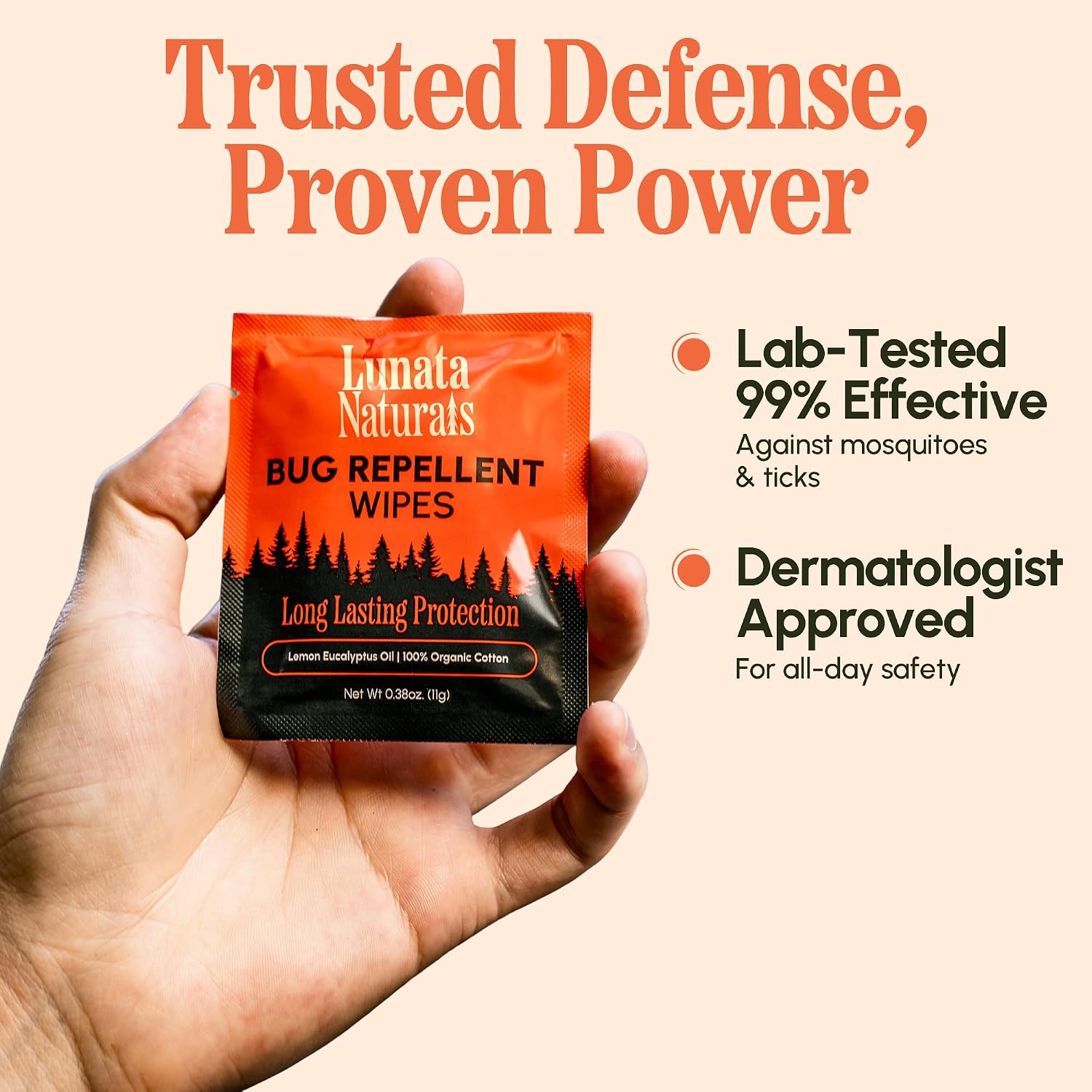 Lunata Natural Bug Wipes – 15 Pack, Plant-Powered with Oil of Lemon Eucalyptus & 100% Organic Cotton, Individually Wrapped, Long-Lasting Outdoor Formula for Camping, Hiking & Travel