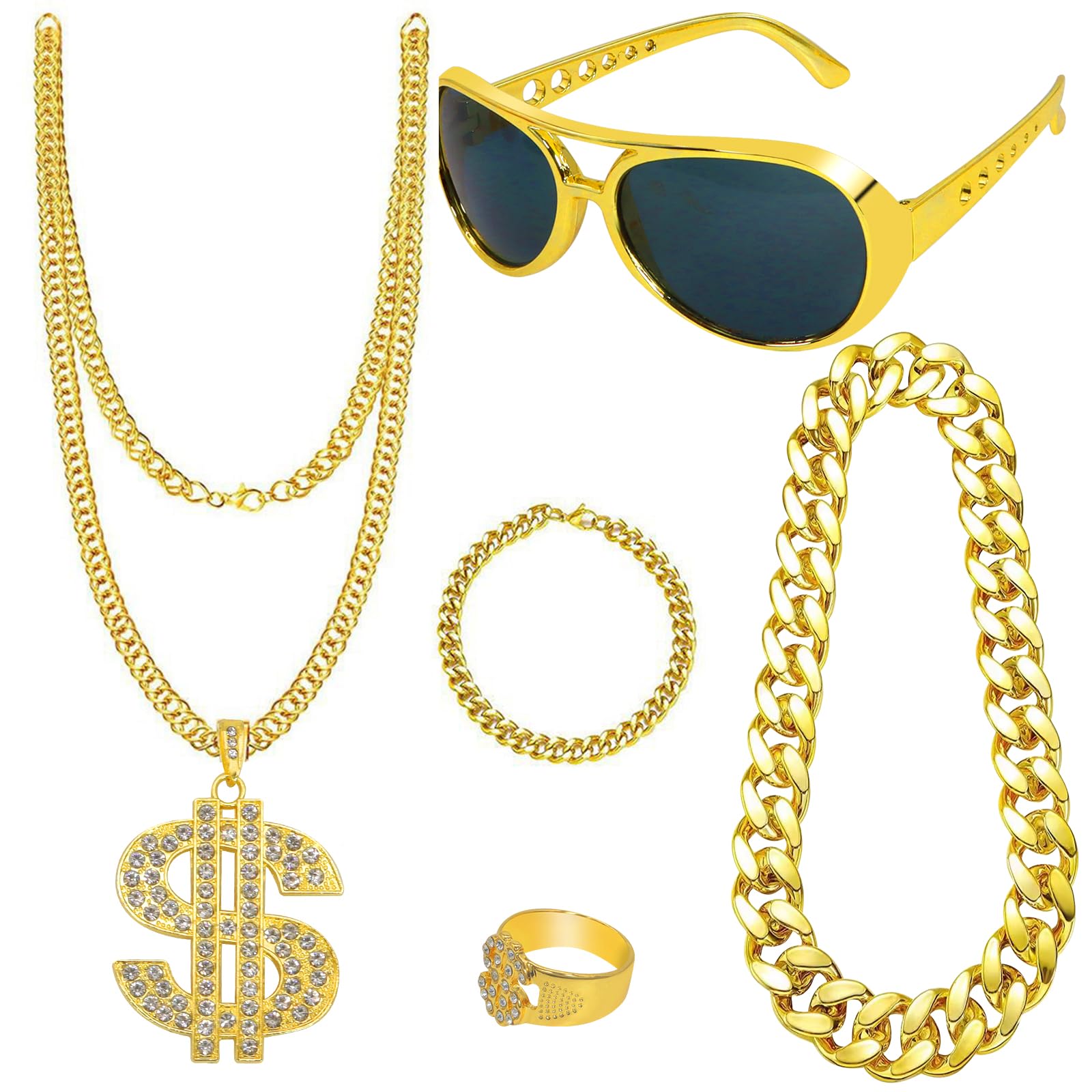 Bcautay Hip Hop Costume Set 80s 90s Hip Hop Costume Kit for Men Women with Disco Gold Dollar Sign Necklace Bracelet Rings Sunglasses etc for Women Men Hippie for Masquerade Halloween Cosplay