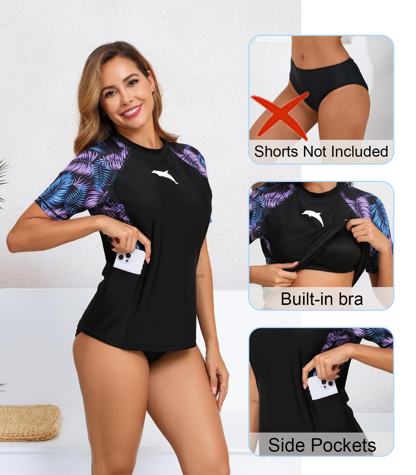 Halcurt Camiseta de manga corta para mujer con brasier integrado, bolsillos laterales, traje de baño UPF50+