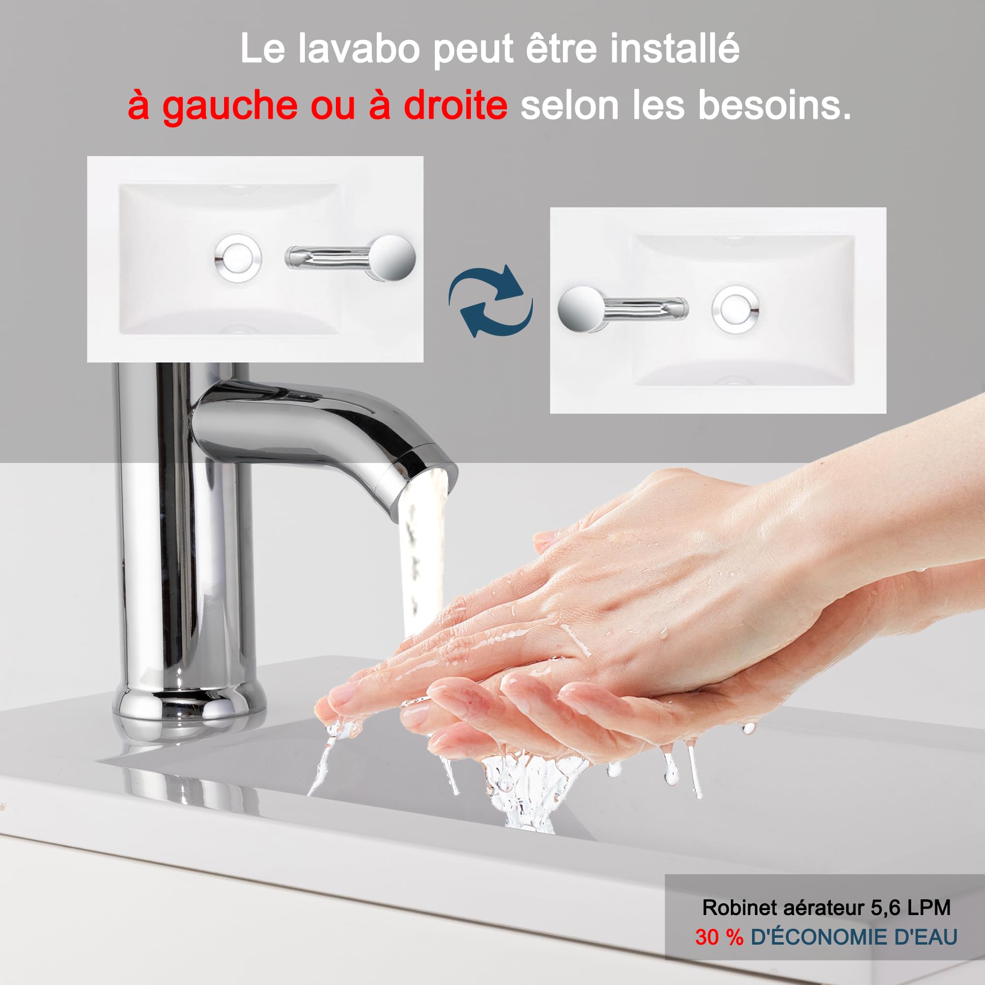 UEV Meuble de Salle de Bain Mural 41cm, Meuble de Lavabo Suspendu Blanc avec Rangement, Lavabo en Résine, Robinet Chromé, 41 x 25 x 50 cm, Blanc