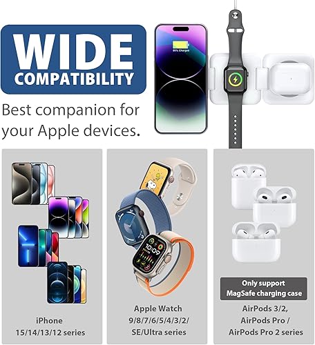 Miniatura 6 de Estación de carga Apple 3 en 1 para iPhone, Airpods iWatch, cargador de viaje para múltiples dispositivos, estación de carga plegable portátil,