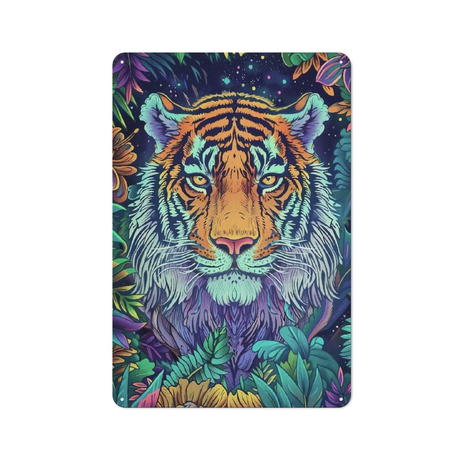 Decorative Metal Plaque with Colorful Tiger Jungle Design 30x20cm, Vintage Porch Wall Decor for Shed, Garden Room, Porch Or Garage