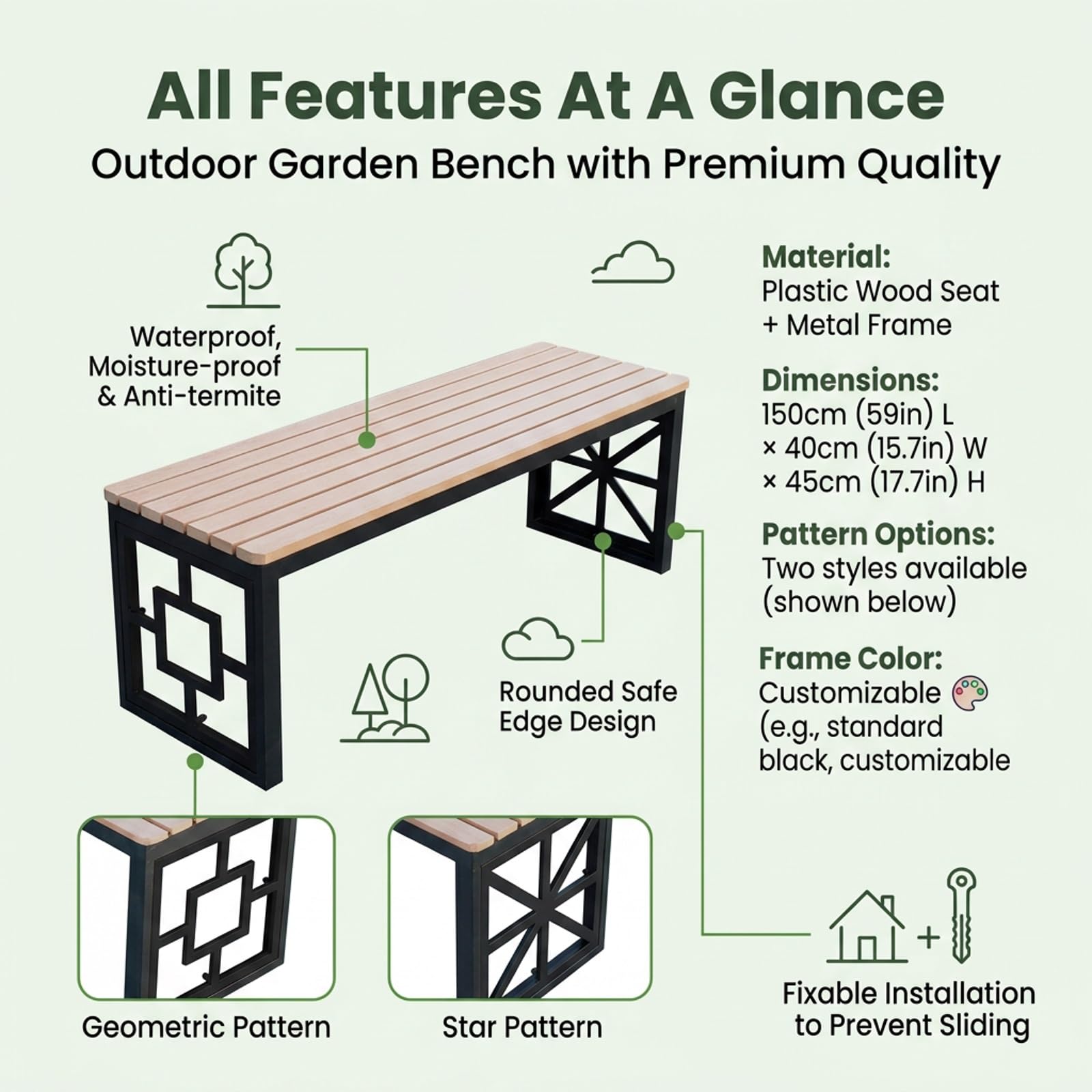 Banco Jardin Exterior 2 Plazas de Madera Sintética Polywood | Banco de Jardin con Estructura Galvanizada de Doble Tubo Cuadrado, Terraza, Balcón, Porche(Rosso,150x40x45cm)