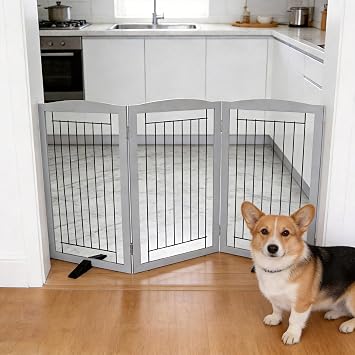 ZJSF Freestanding Dog Fence Indoor, Foldable Dog Gate for Doorways, Stairs or Hallways, Sturdy Wood Extra Wide Pet Gate with Support Feet for The House, Grey, 32 Height-3 Panels