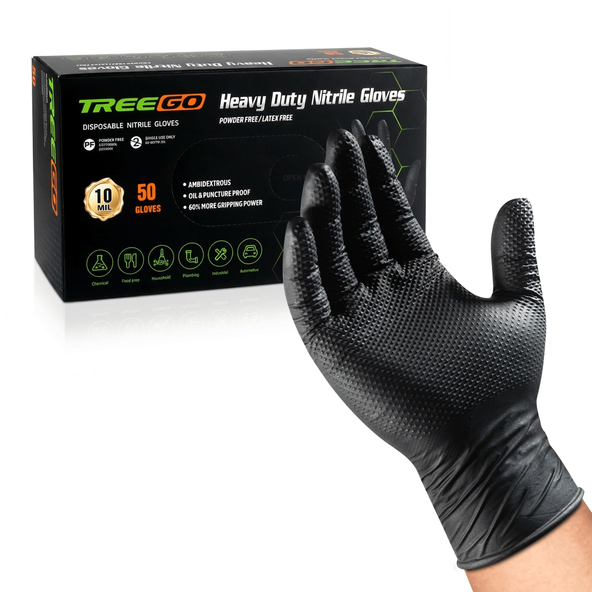 TREEGO 10 mm schwarze Nitrilhandschuhe, groß, strapazierfähig, erhöhte Diamantstruktur, latexfreie Gummihandschuhe, bequeme Passform für Mechaniker, Hausmeister, Grillen, Heimwerker