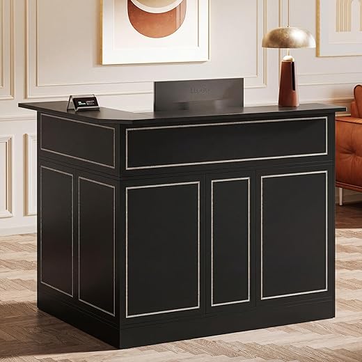 Tribesigns L-Shaped Reception Desk, Modern Black Front Counter with 2-Tier Storage & Stemware Rack, Elegant Office Reception Desk for Lobby, Business Area