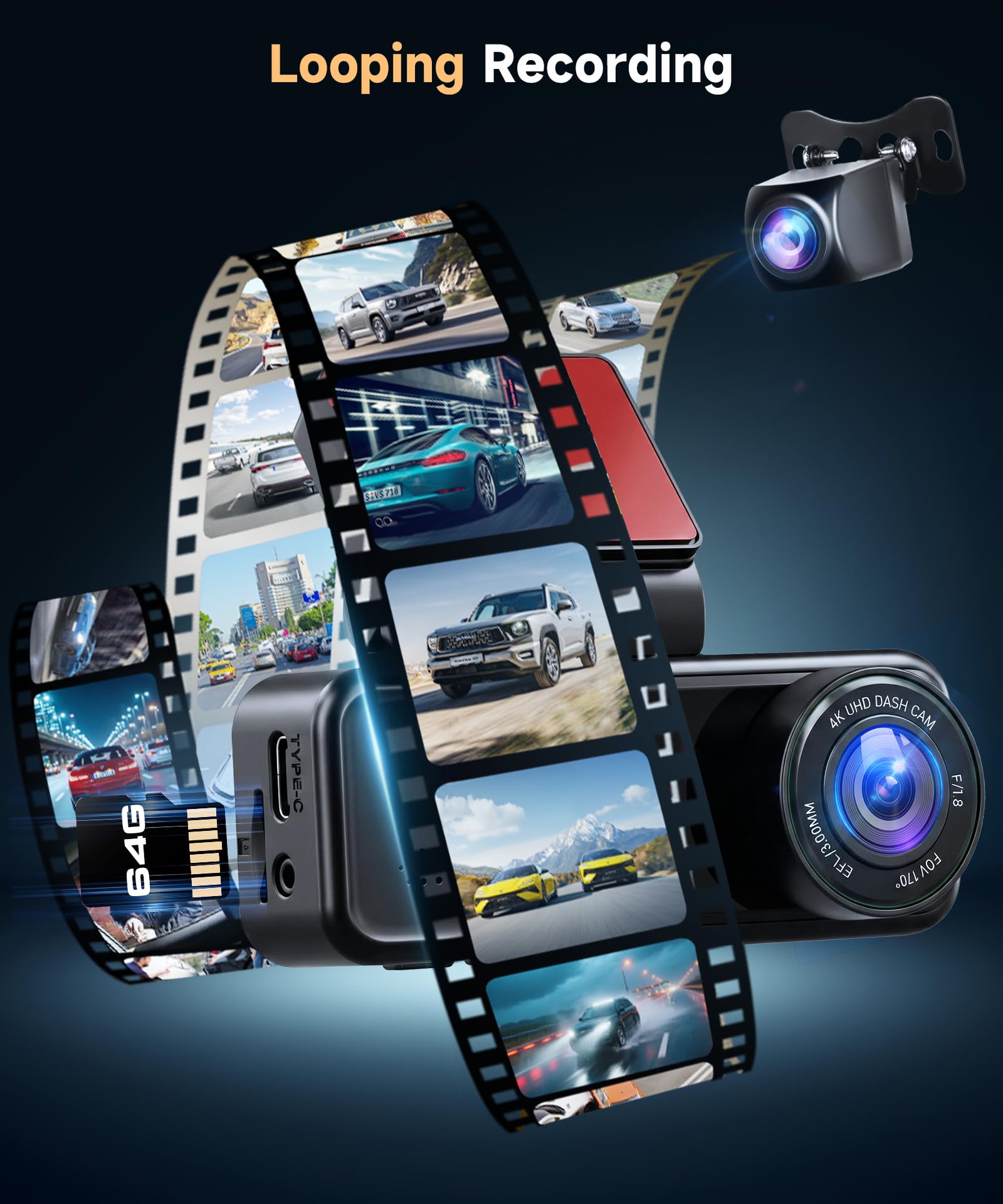VECHTEL 4K+2K Dashcam Auto Anteriore Posteriore con WiFi 5.8G+2.4G, 2*Telecamera Auto 1080P, Schermo IPS 3.16 Pollici, Monitoraggio Parcheggio 24H, Visione Notturna, Sensore G, con Scheda 64GB