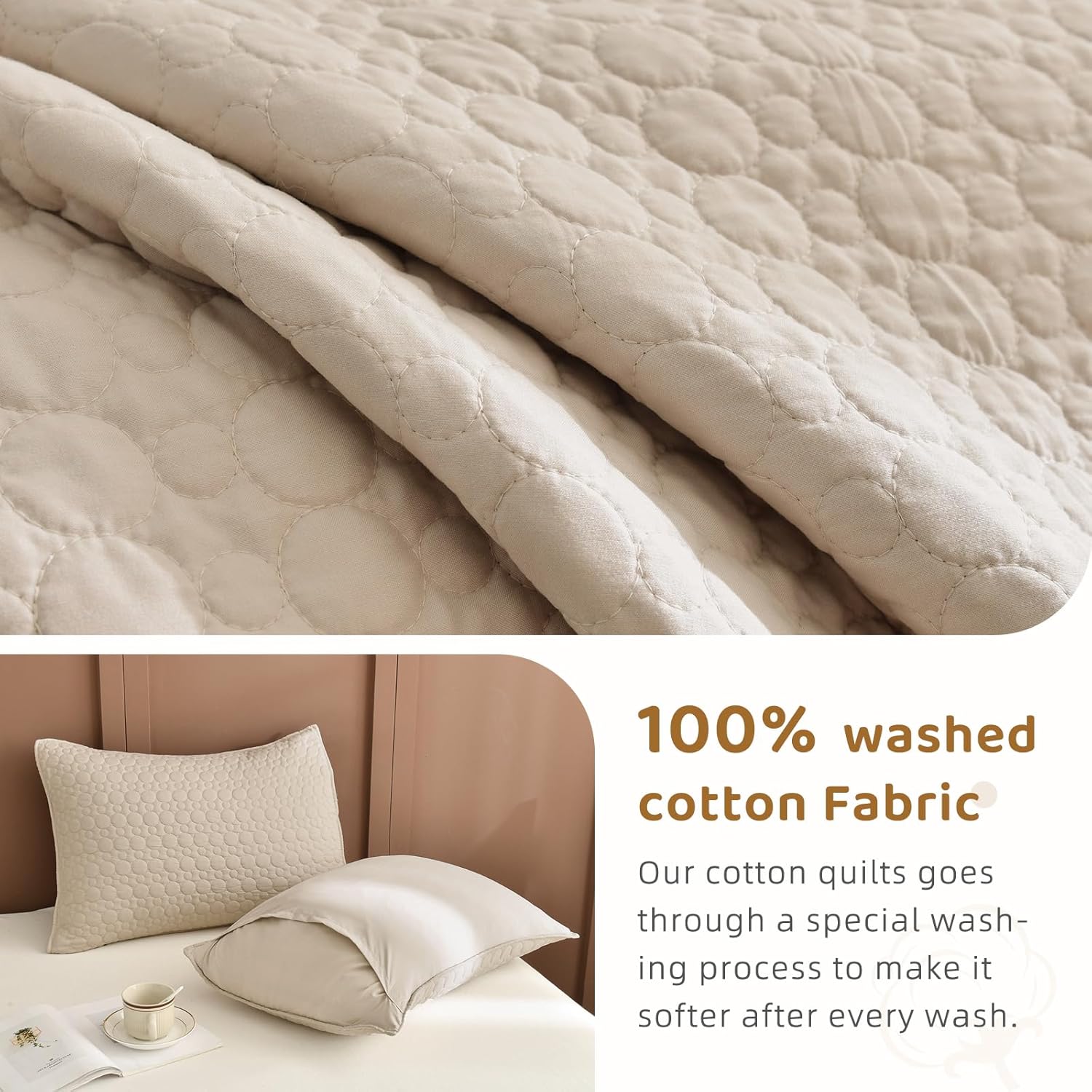 Sanracie Oversized Cotton King Quilt 128"*120" for Extra Bed,3Pcs Linen Colored California King Quilt Sets Oversized Circular Quilting Super Large Wide Cal King Coverlet Thin Comforter Ultra Soft - Image 7