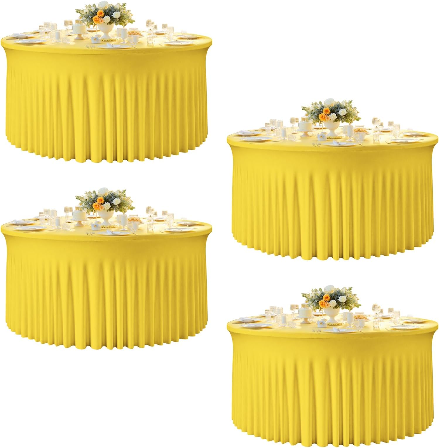 4 Pack 120 Inch Yellow Cloth Tablecloth for 5 FT Round Tables, Stretchy Fitted Circle Picnic Tables Cloths, Spandex Table Cover with Table Skirt for Wedding Photography Party Events Graduation