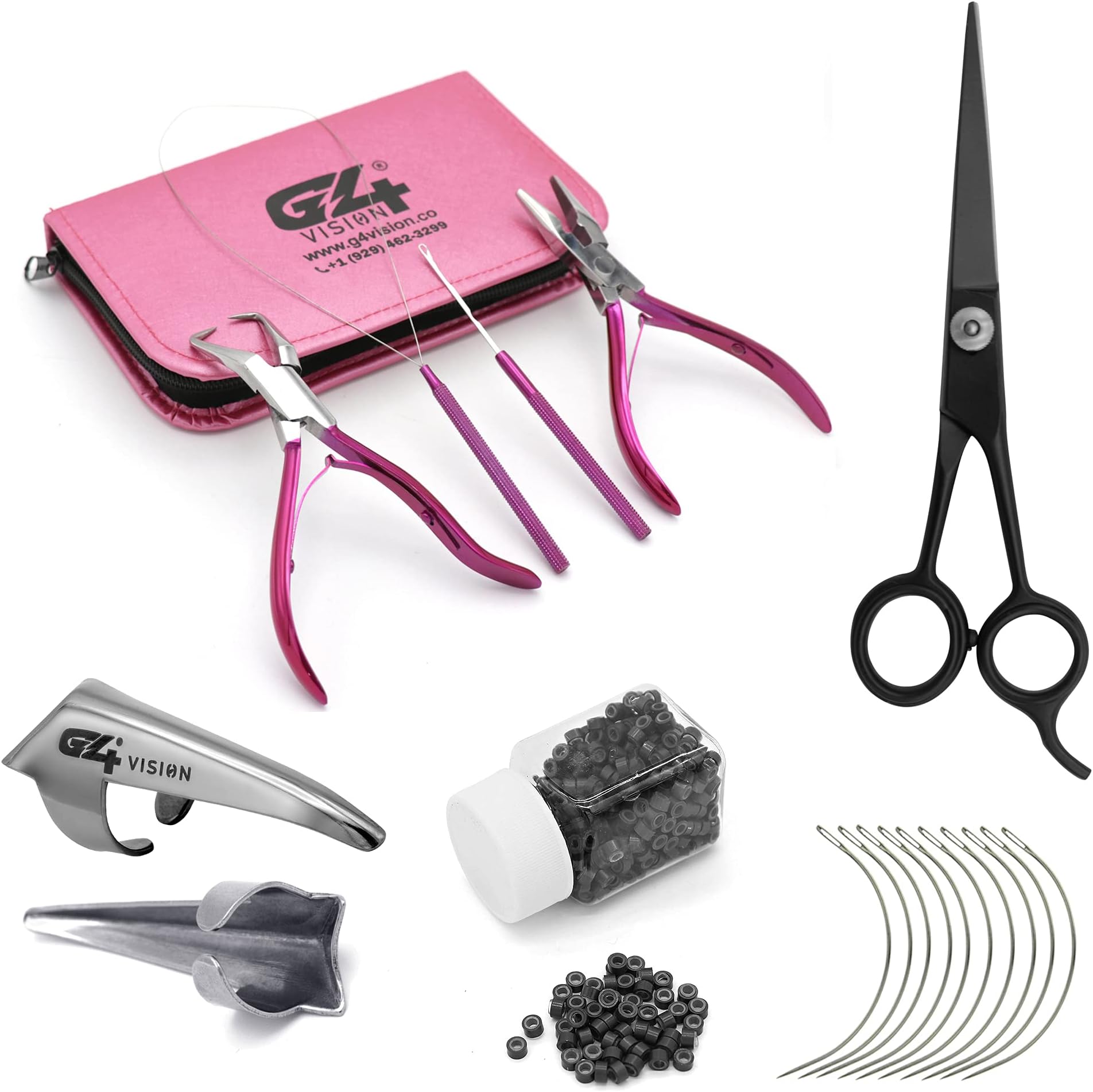 G4 VISION Professional Hair Extension & Beading Tool Kit Plier Set for beads (4 Piece) Micro Ring (Black Beads)