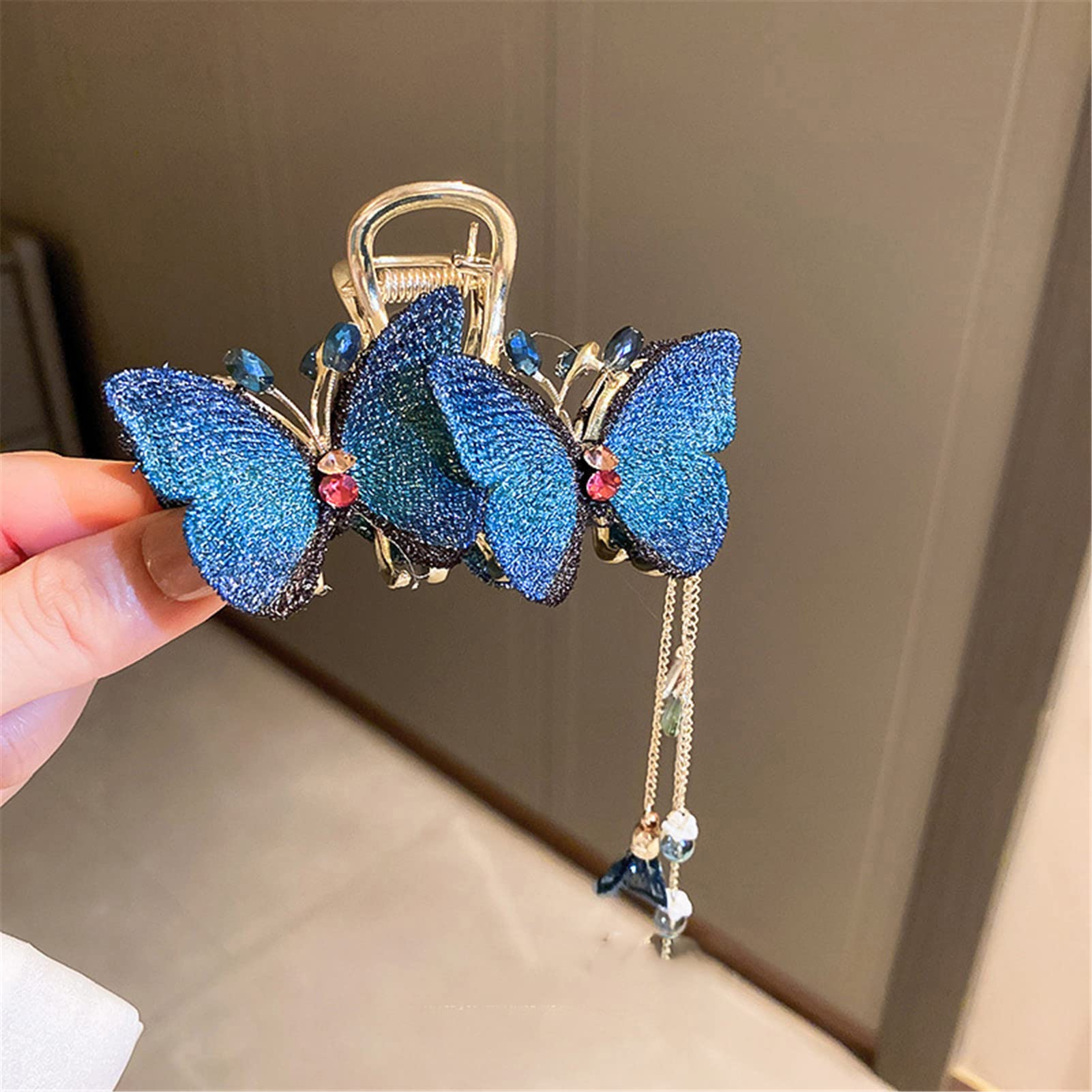 Haarschmuck for Frauen, Bananenklammern, Krallenklammern, Haarschmuck, Kristall-Diamant-Schmetterlings-Quasten-Haarnadel im chinesischen Stil, runde Haar-Haifisch-Klammer, Goldfarbe (Farbe: Goldfarbe)