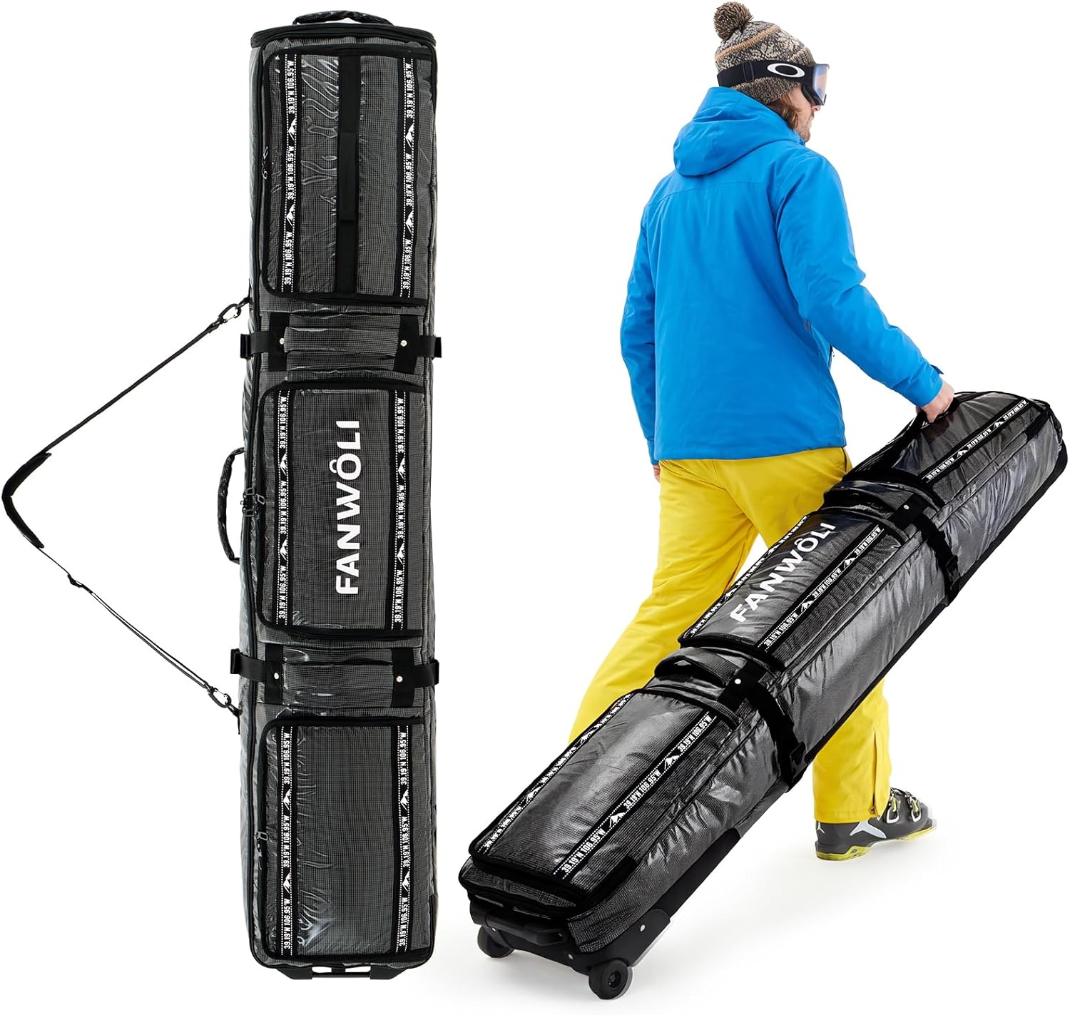 Fanwoli Snowboard Ski Bag with Wheels | Fully Padded Ski Bags for Air Travel | Fits 155-185cm Skis/Snowboard & US 13 Boots | 900D Waterproof TPU & Removable Shoulder Straps | Expandable & Foldable