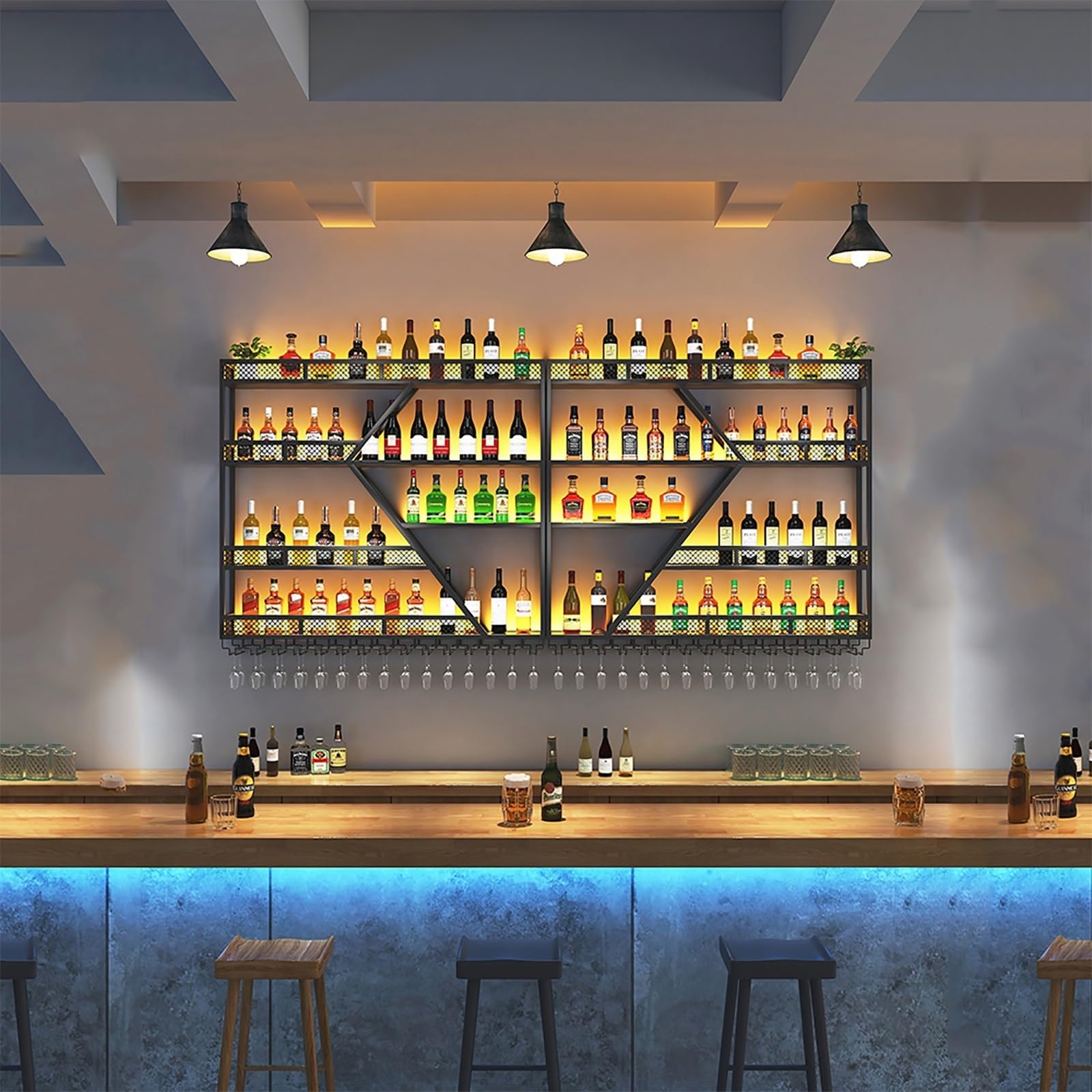 Portabottiglie da parete in metallo con luce LED, ripiano portaoggetti, mensole espositive galleggianti per bicchieri da vino e bottiglie di liquore, per casa, ristorante, bar, arredamento per la casa