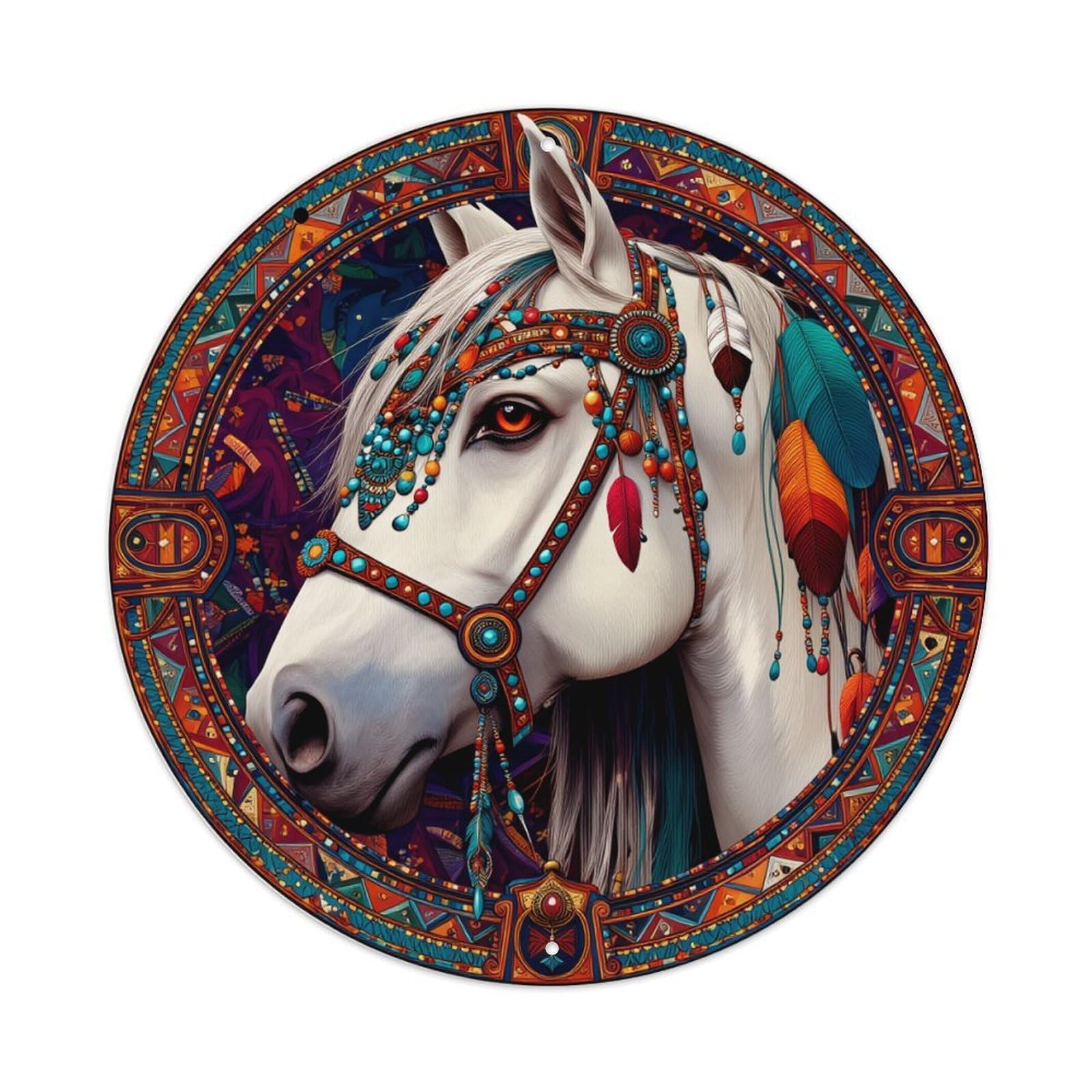 Colorful Tribal Horse Art Design Round Tin Sign Retro Metal Sign for Cafe Bar Pub Home Game Room Gym Club Wall Decoration Vintage Metal Poster 8x8 Inch