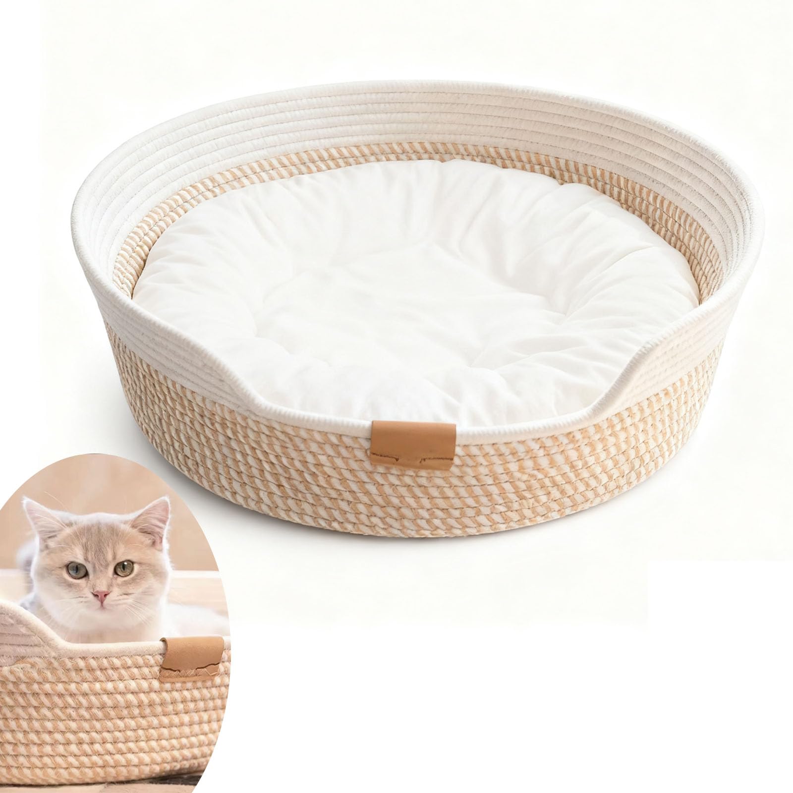 Cama para Gatos con Cojín y Cuerda de Algodón Tejida | Cesta de Gato Lavable Resistente al Desgaste, Camas para Gatitos de Interior, Cama Cálida Universal para Todas las Estaciones