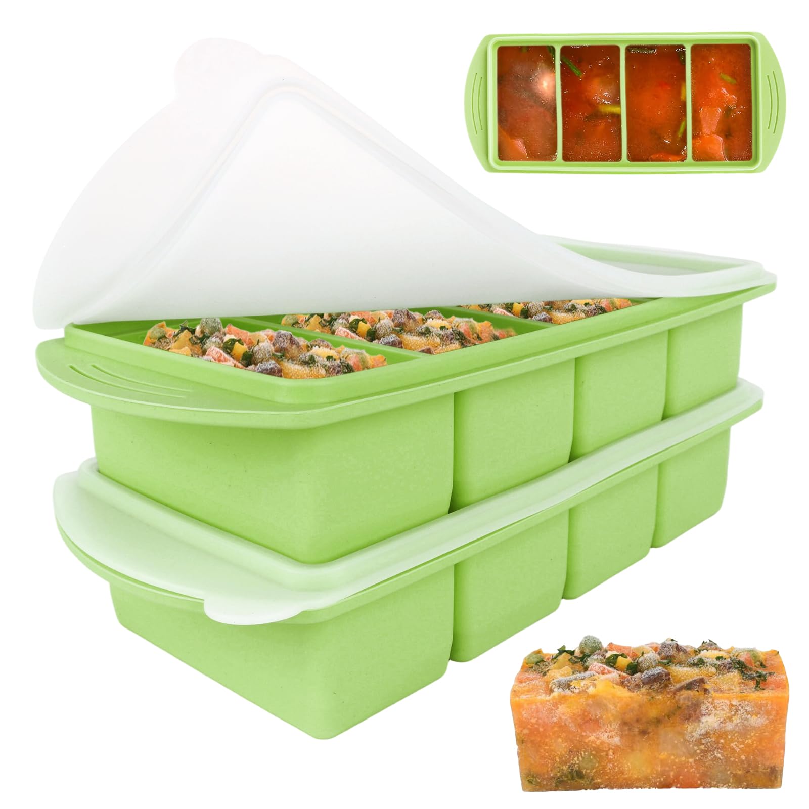 Lotvic 2 Pack Soup Cube Silicone Freezer Tray, 1000ML Freezer Containers with Lid, 4-Compartment, Makes 8 1-Cup Portions Cubes, Freezer Tray for Meal Prep, Soup, Sauce (2 Pack, Avocado Green) — image 1