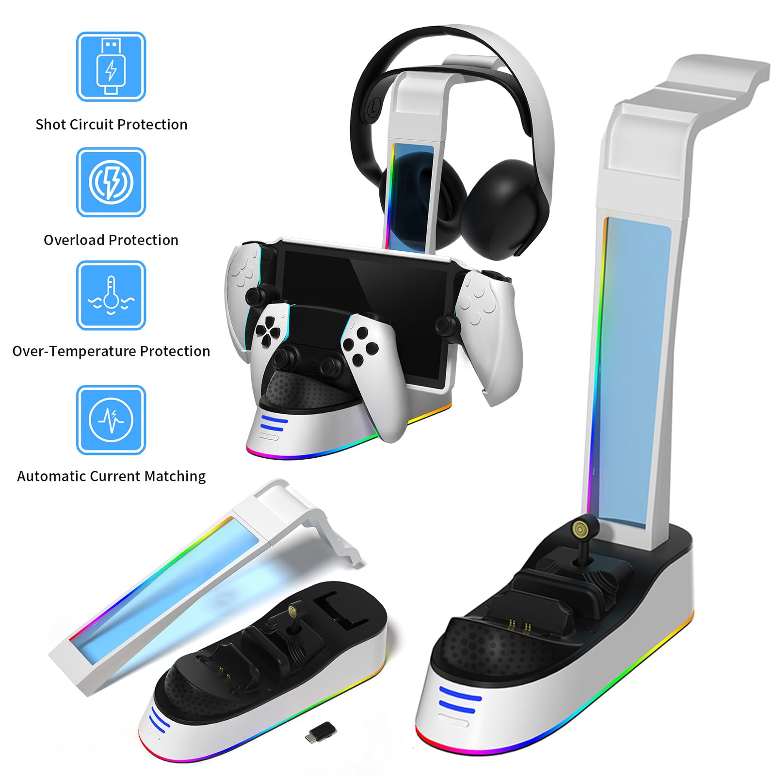 Estación de Carga portátil con Soporte para Auriculares para Controlador PS5 Soporte de Carga Luz RGB Indicador de Carga para Consola de Juegos Portal