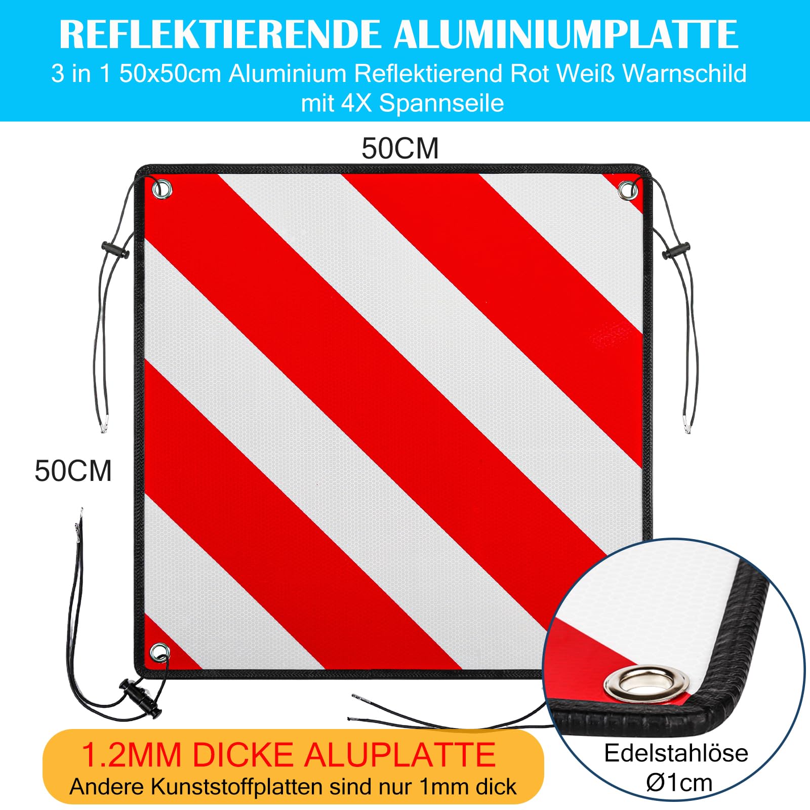 3 In 1 Warntafel für Italien Spanien Portugal, Alu Reflektierend Warnschild 50x50CM mit Spannseile & Eckenschützer, Zertifizierte für Fahrradträger Heckträger Anhänger Auto Wohnmobil - 1 Stück
